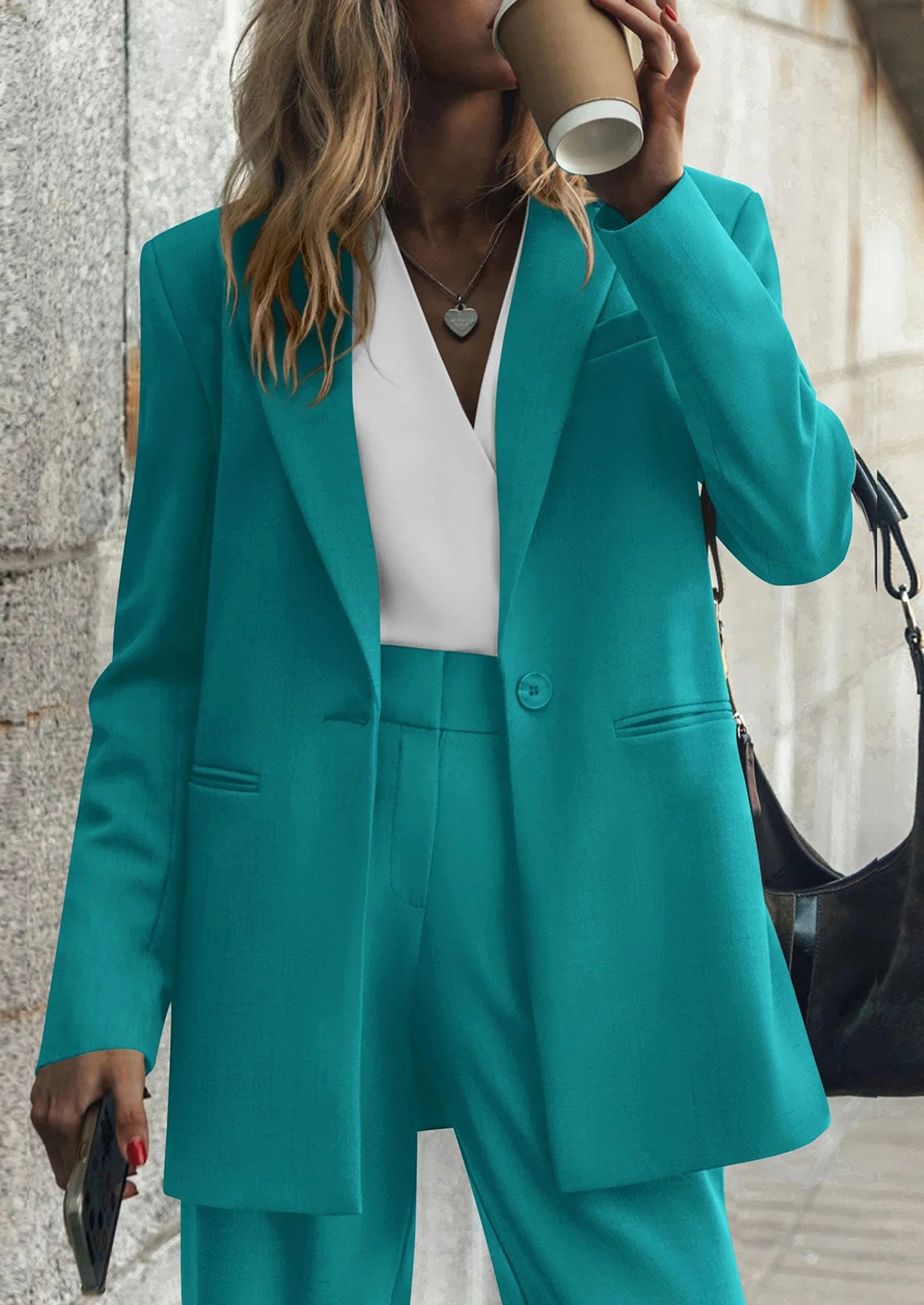 Women's Fall Two Piece Outfits Dressy Blazer Jacket and Wide Leg Pants Pockets Business Casual Office Suit Sets