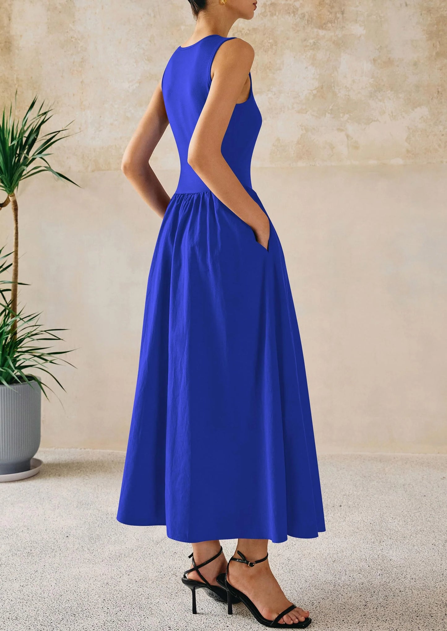 Women Maxi Dresses Casual Sleeveless Patchwork Knit Tank Dress Flowy Beach Sundress Long Dress