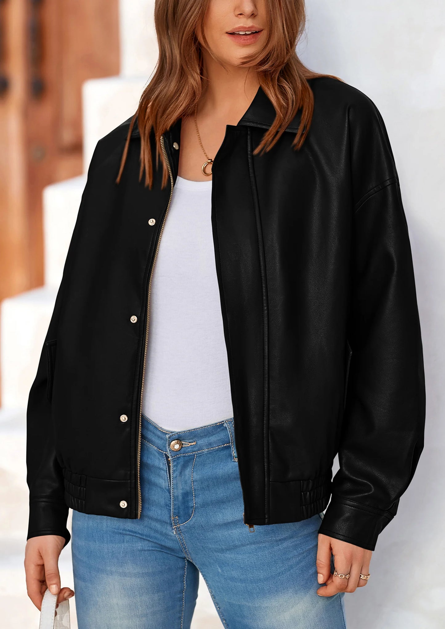 Women's Faux Leather Motorcycle Jacket Trendy Fall Spring Clothes Oversized Zip Up Winter Coat Outerwear