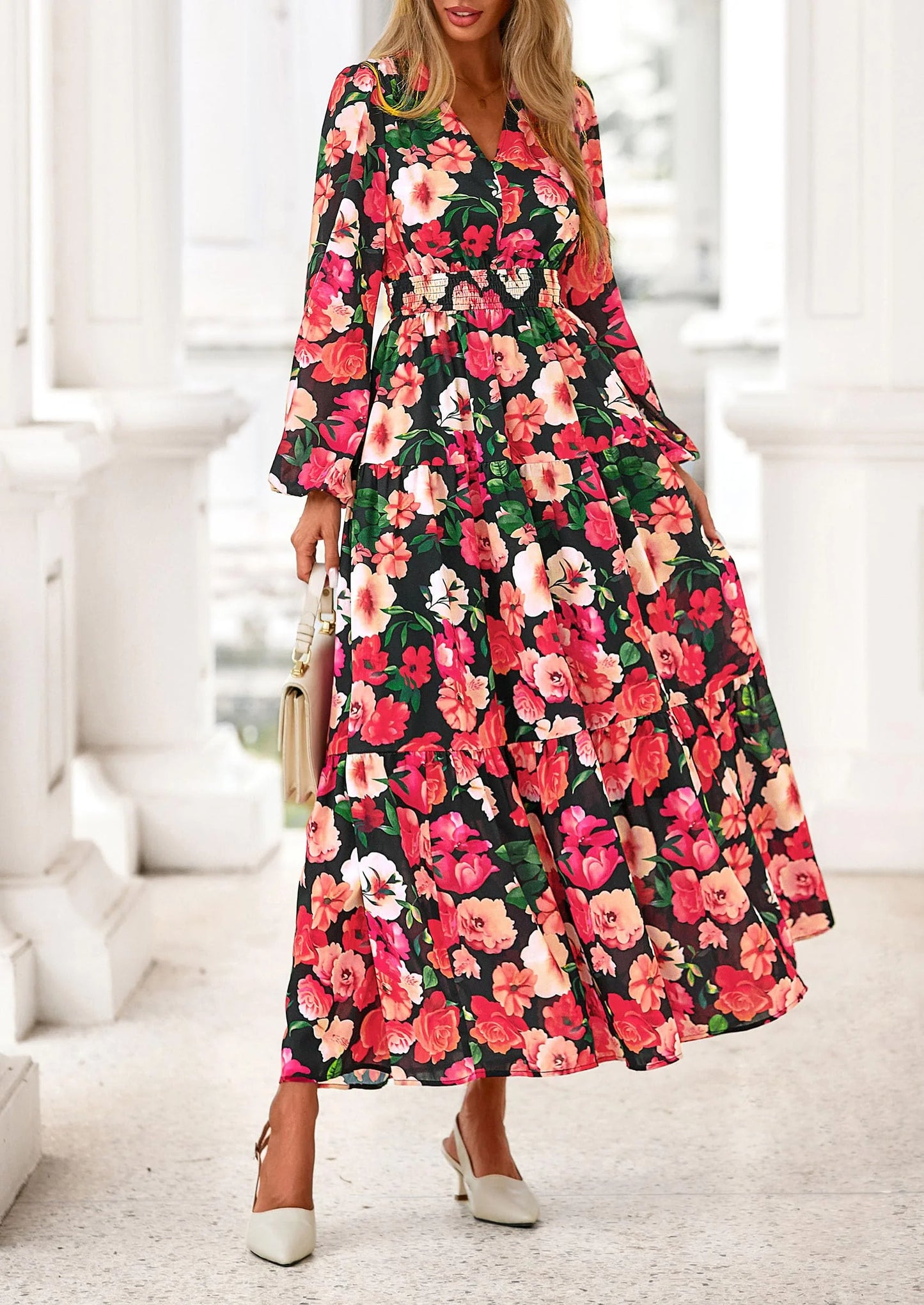 Long Sleeve Maxi Fall Dresses for Women Vneck Smocked Boho Floral Tiered Swing Flowy Wedding Guest Dress