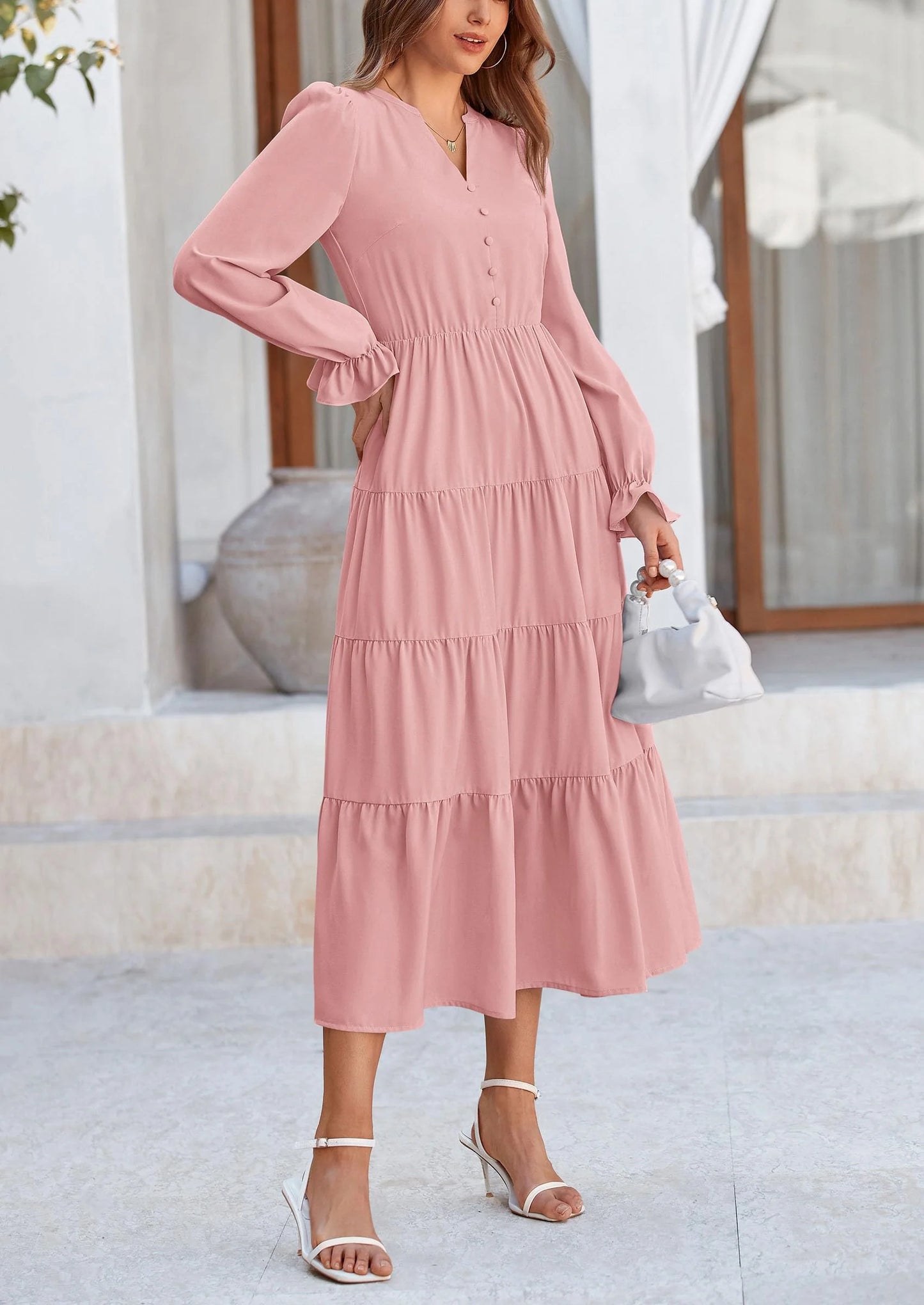 Women Fall Long Sleeve Smocked Maxi Dress Casual Square Neck Swiss Dot Tiered Ruffle Flowy Spring Pocket Dresses
