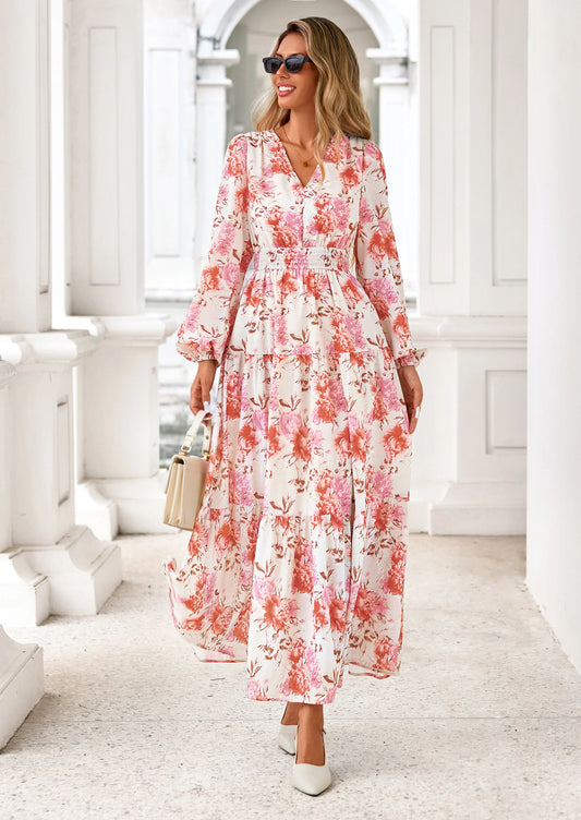 Long Sleeve Maxi Fall Dresses for Women Vneck Smocked Boho Floral Tiered Swing Flowy Wedding Guest Dress