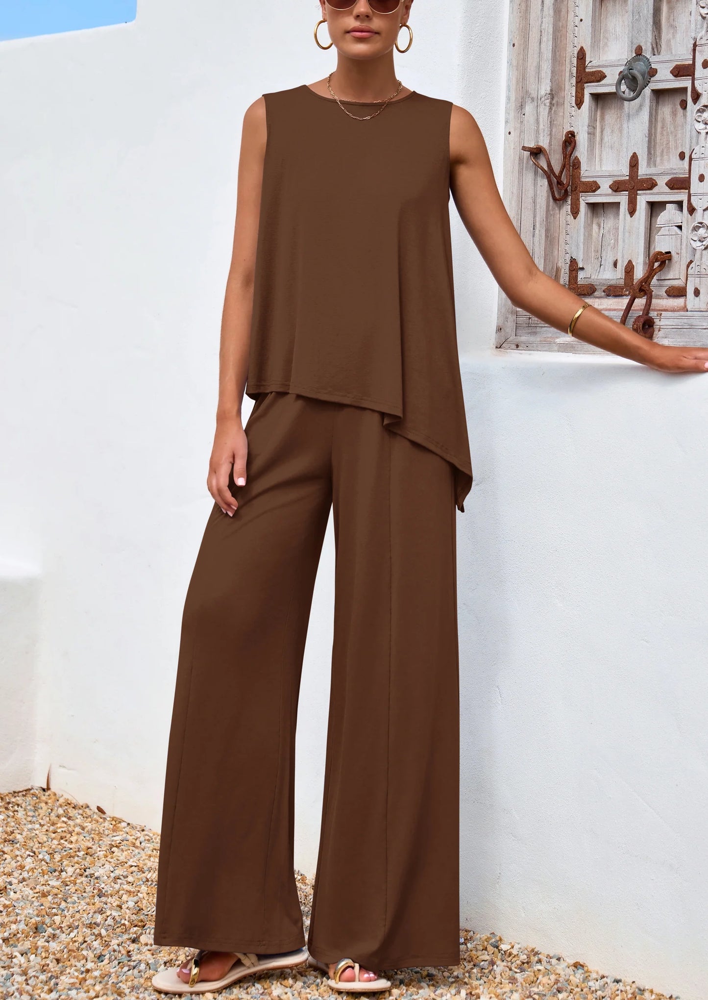 Women's Two Piece Matching Lounge Sets Asymmetrical Split Tank Tops Wide Leg Pants Summer Outfits Tracksuit