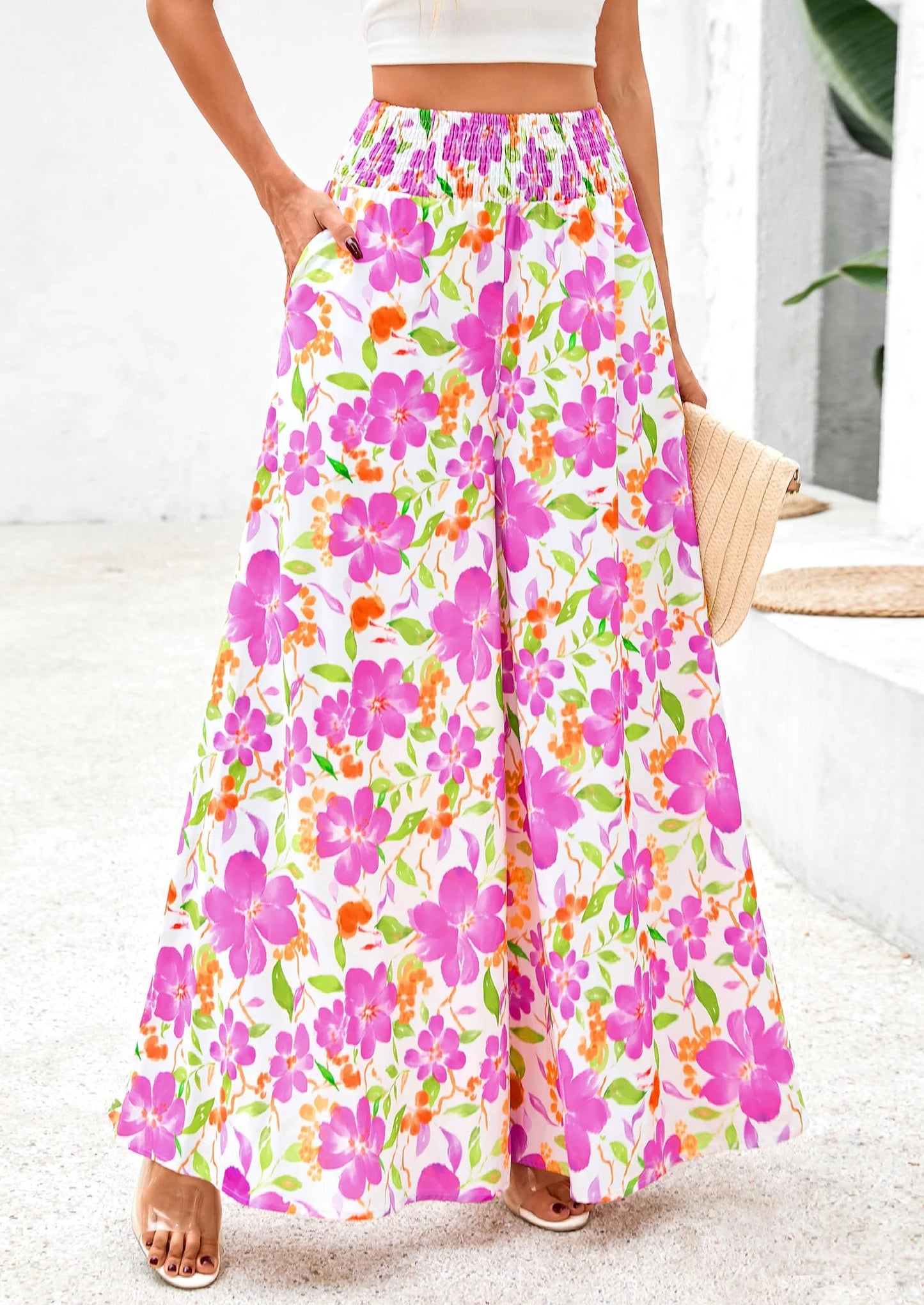 Casual Elastic High Waisted Pockets Boho Beach Wide Leg Palazzo Pants