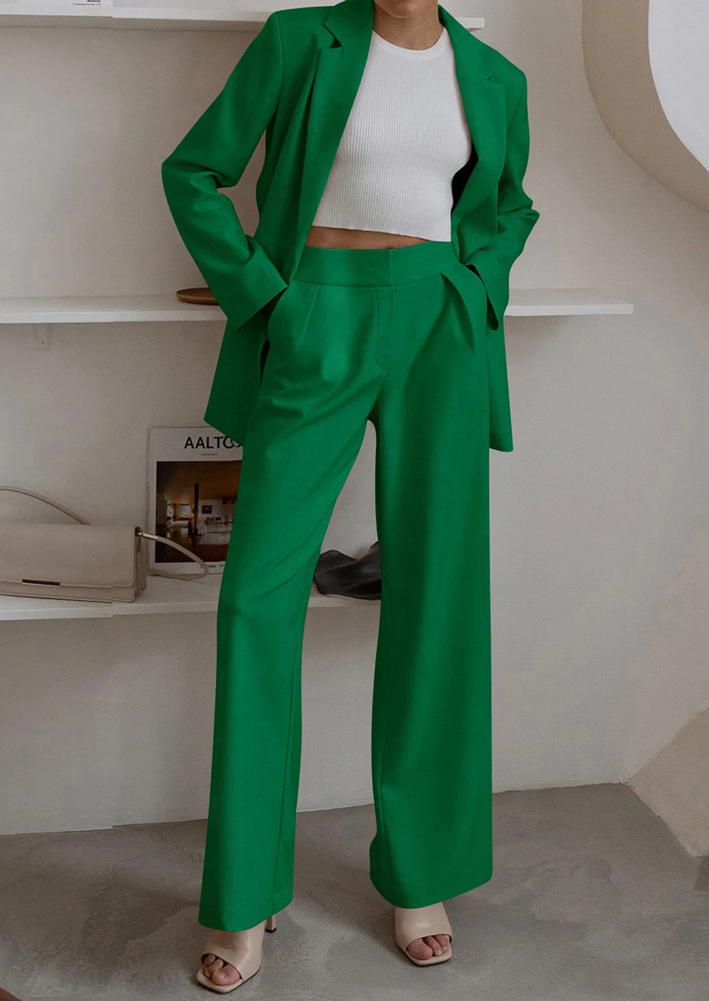 Women's Fall Two Piece Outfits Dressy Blazer Jacket and Wide Leg Pants Pockets Business Casual Office Suit Sets