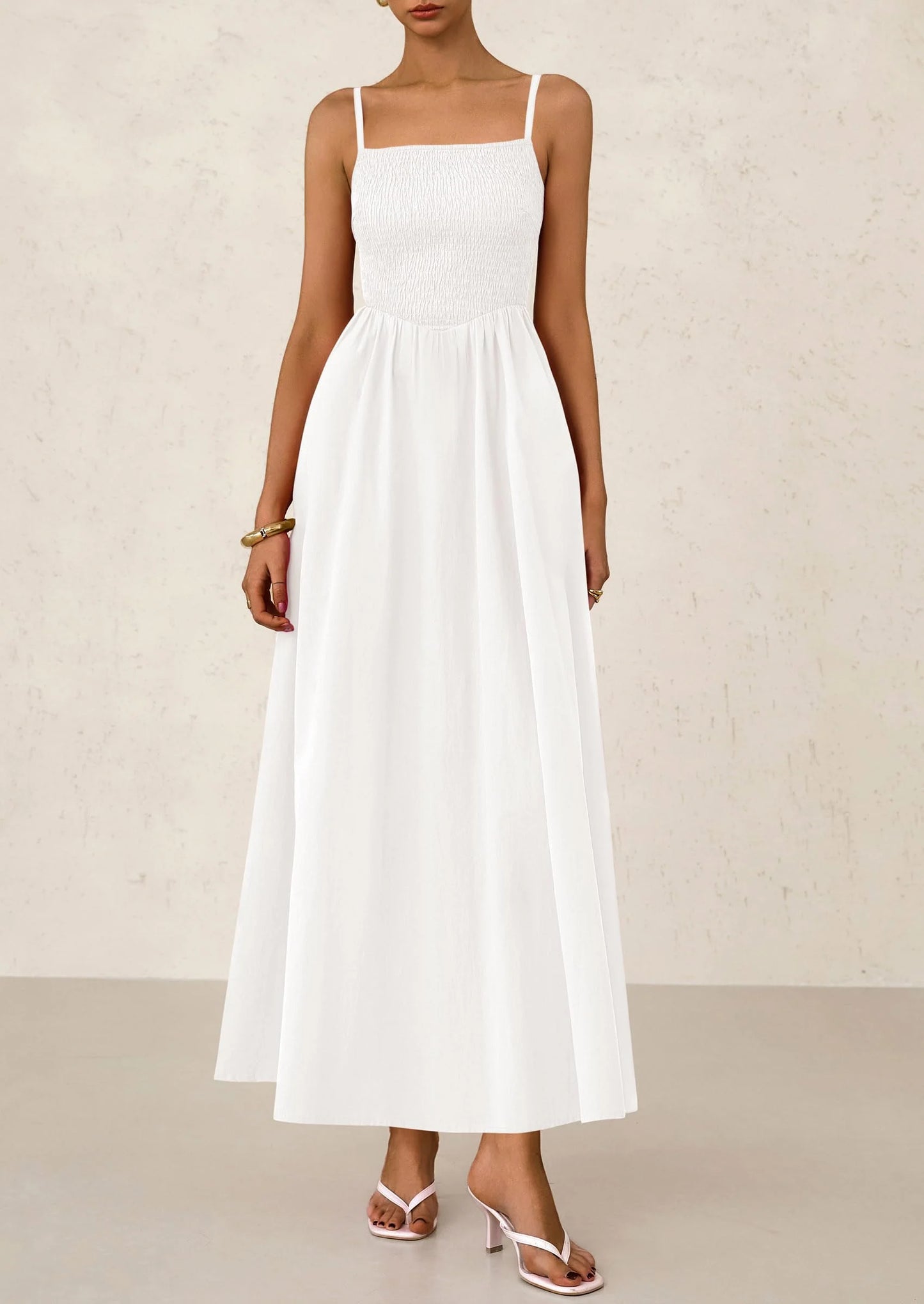 Women's Smocked Maxi Dresses Beach Sundress Casual Spaghetti Strap Swing A Line Long Flowy Dress