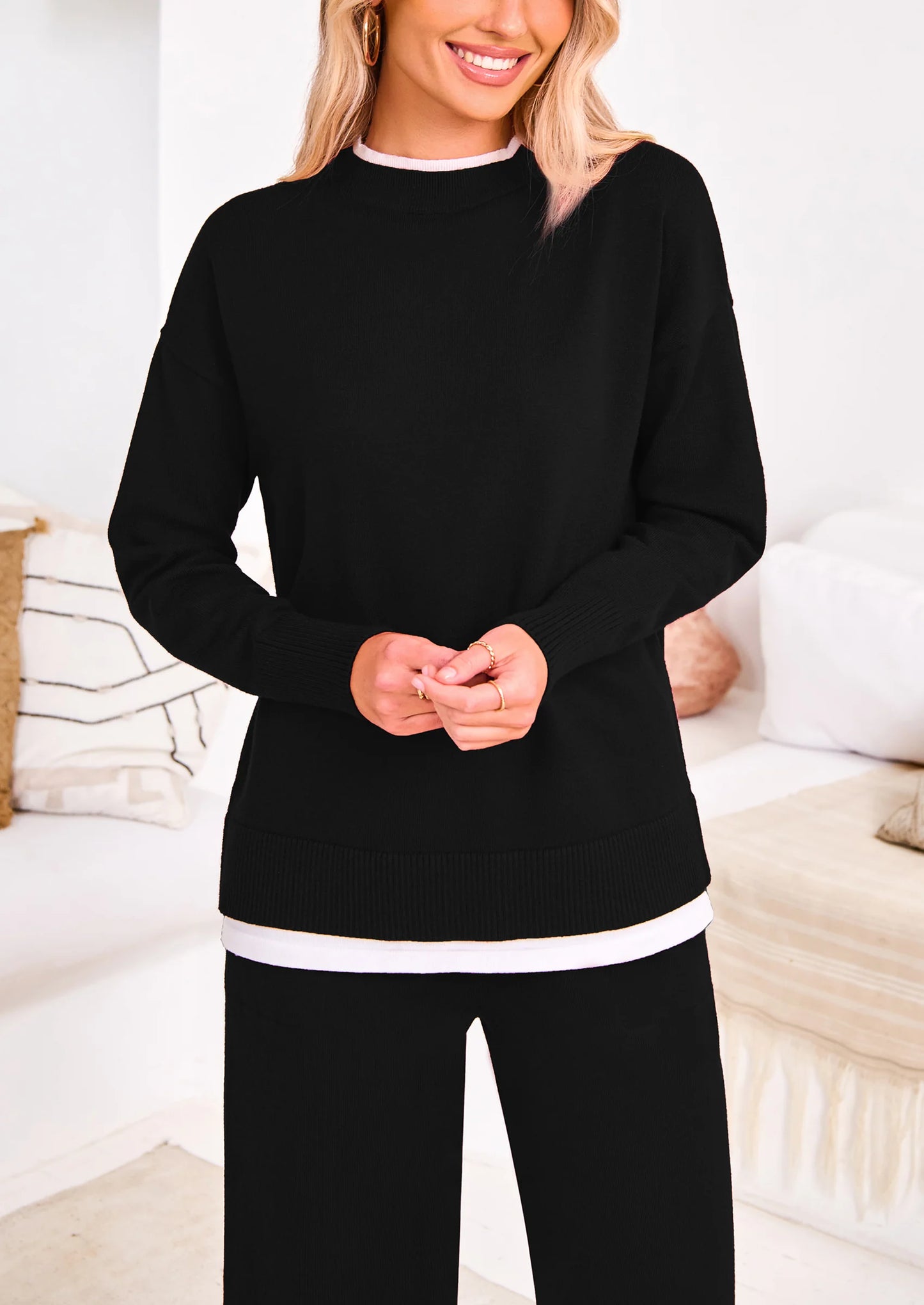 Two Piece Matching Sweater Lounge Sets Knit Long Sleeve Pullover Tops Wide Leg Pants