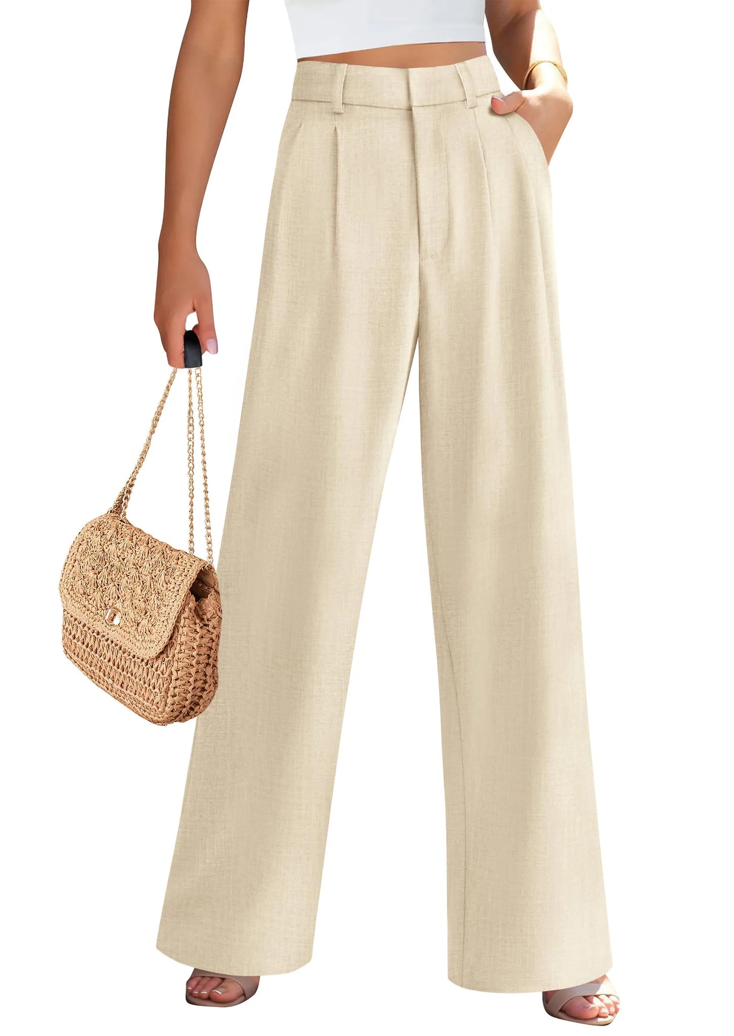 Women's Summer Elastic High Waisted Work Pants Straight Leg Dressy Business Casual Trousers Slacks Pockets