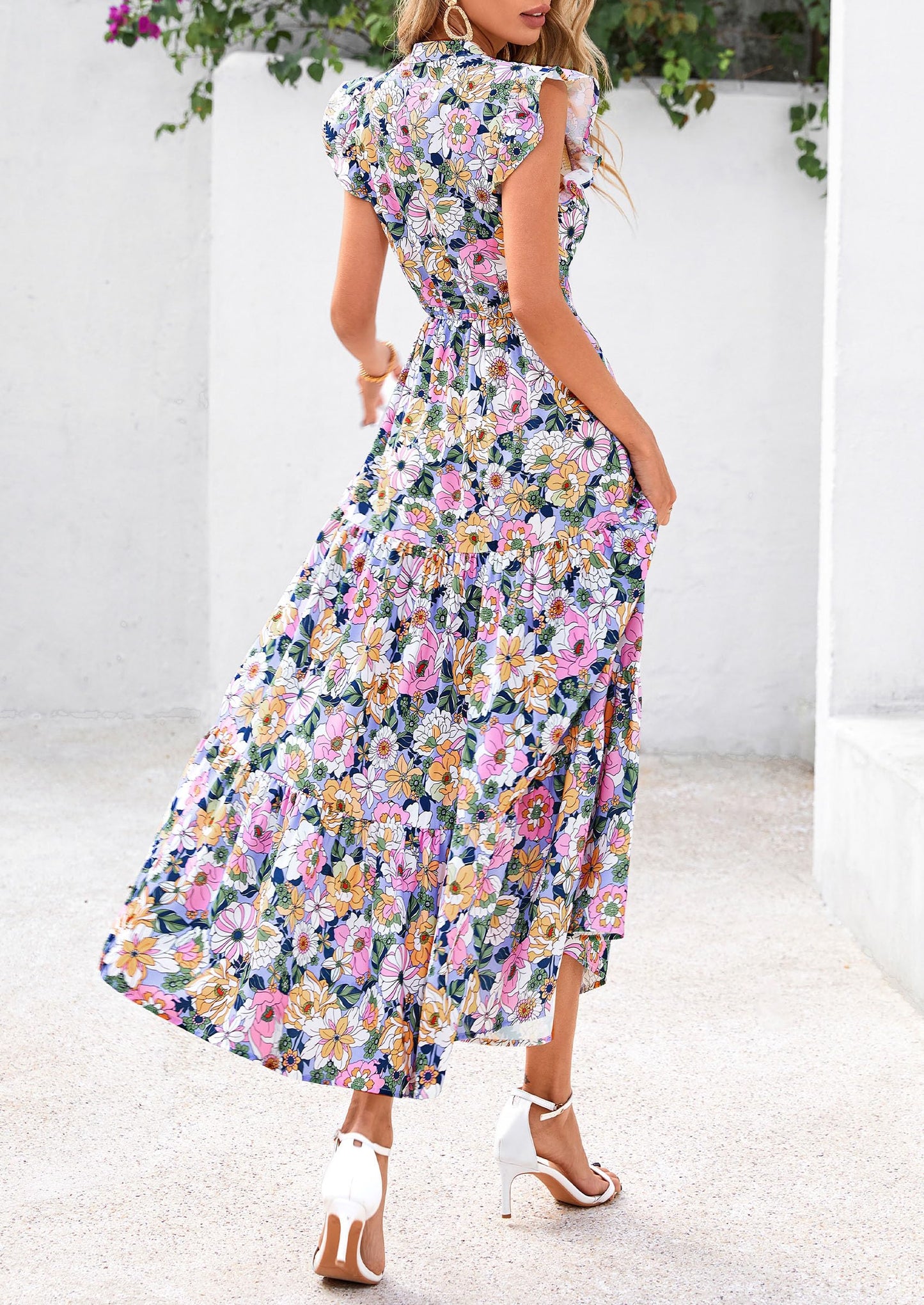 Women's Summer Floral Midi Dress Cap Sleeve V Neck Ruffle Long Flowy Boho Casual Beach Vacation Dresses