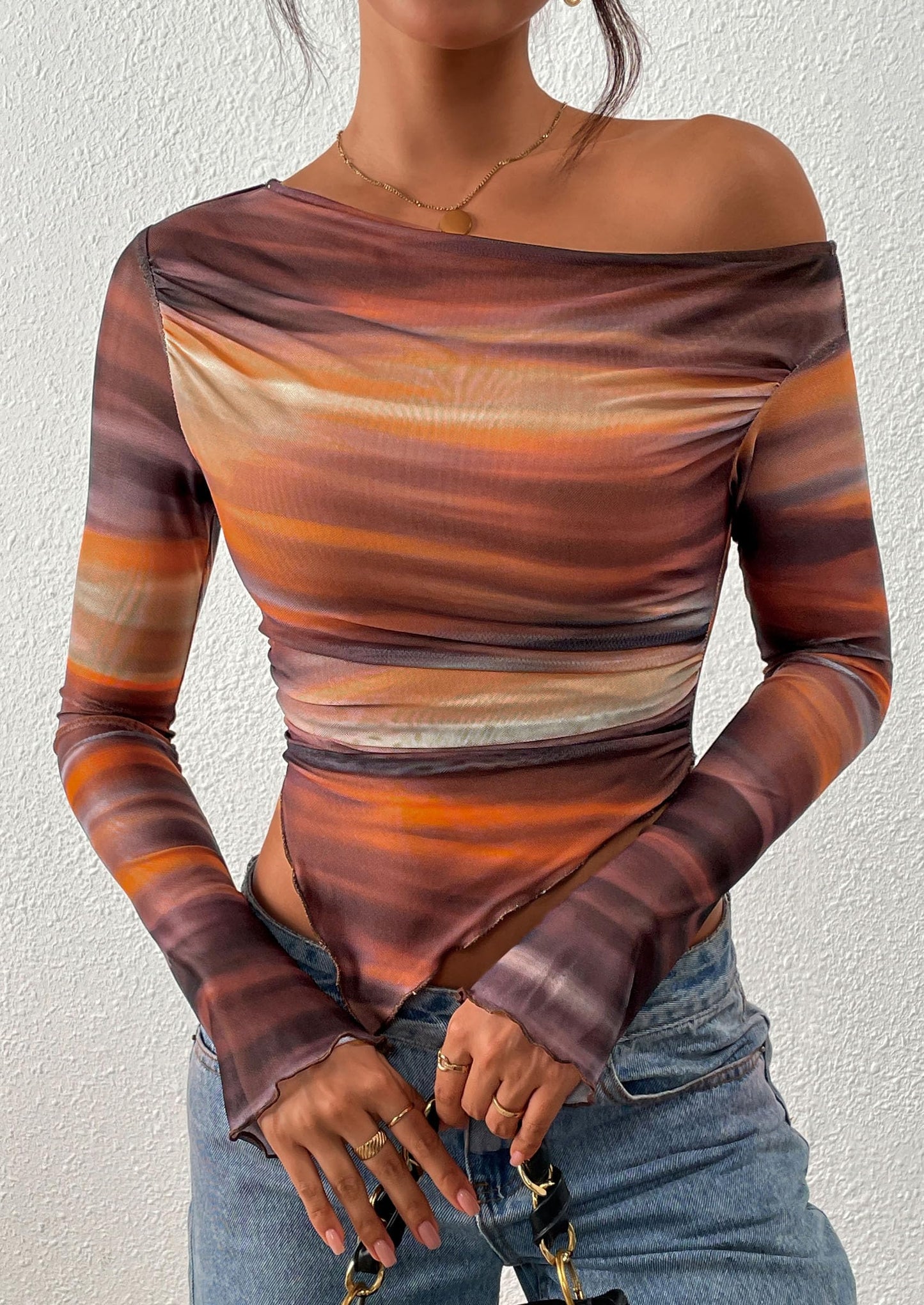 Womens Fall Trendy Off Shoulder Tops Tie Dye Mesh Long Sleeve Shirts Asymmetrical Ruched Floral Blouse