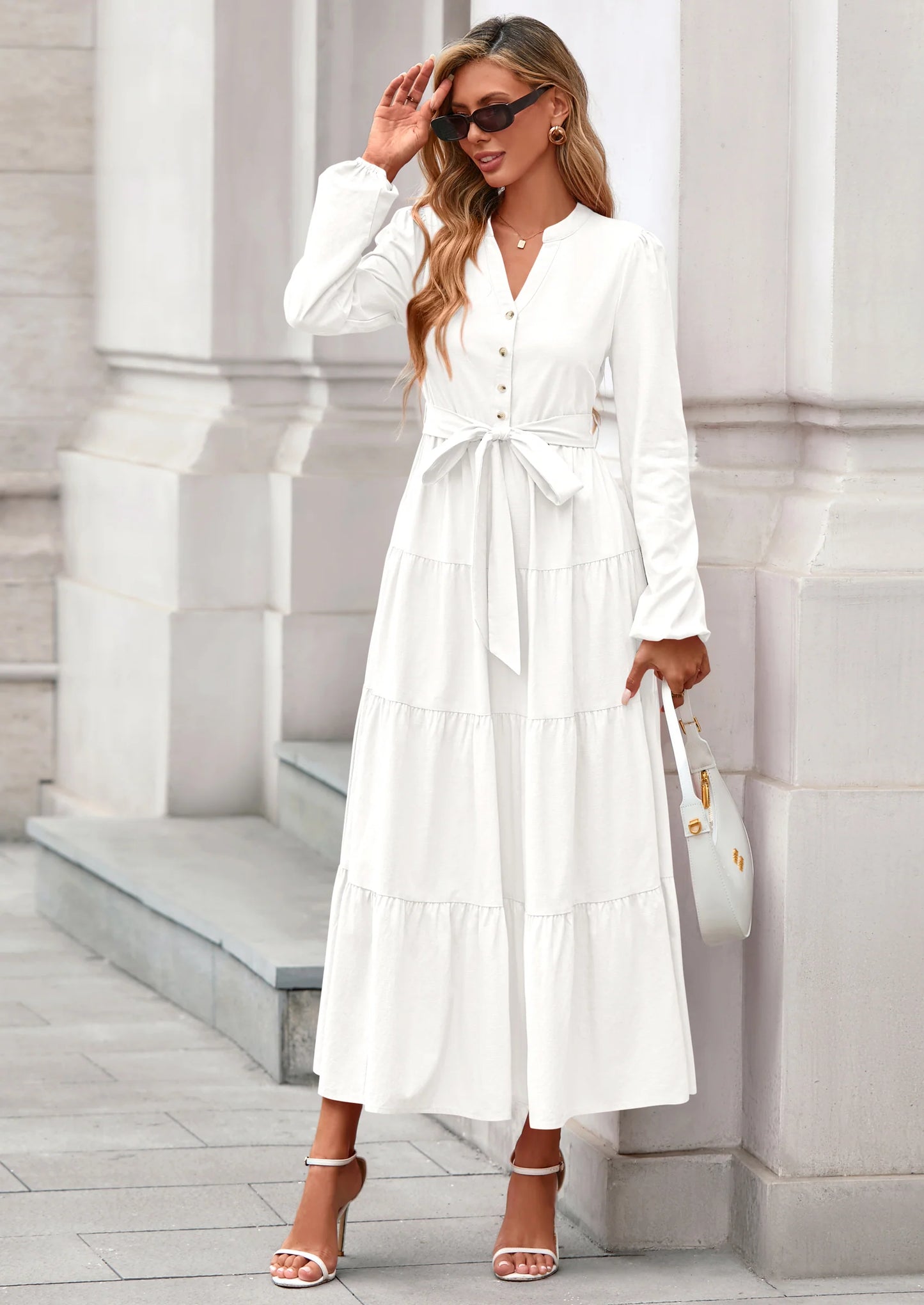 Fall Dresses for Women Long Sleeve V Neck Belted Ruffle A Line Flowy Boho Maxi Wedding Guest Dress Pockets