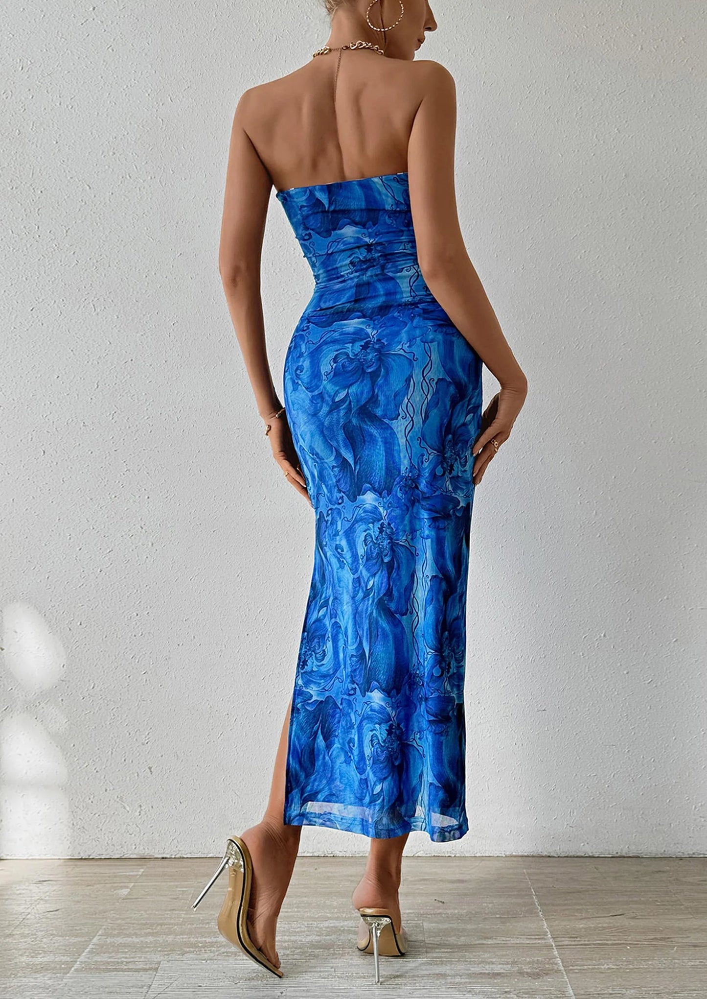 Women's Maxi Bodycon Dresses Strapless Tube Top Slit Floral Printed Party Club Long Dress