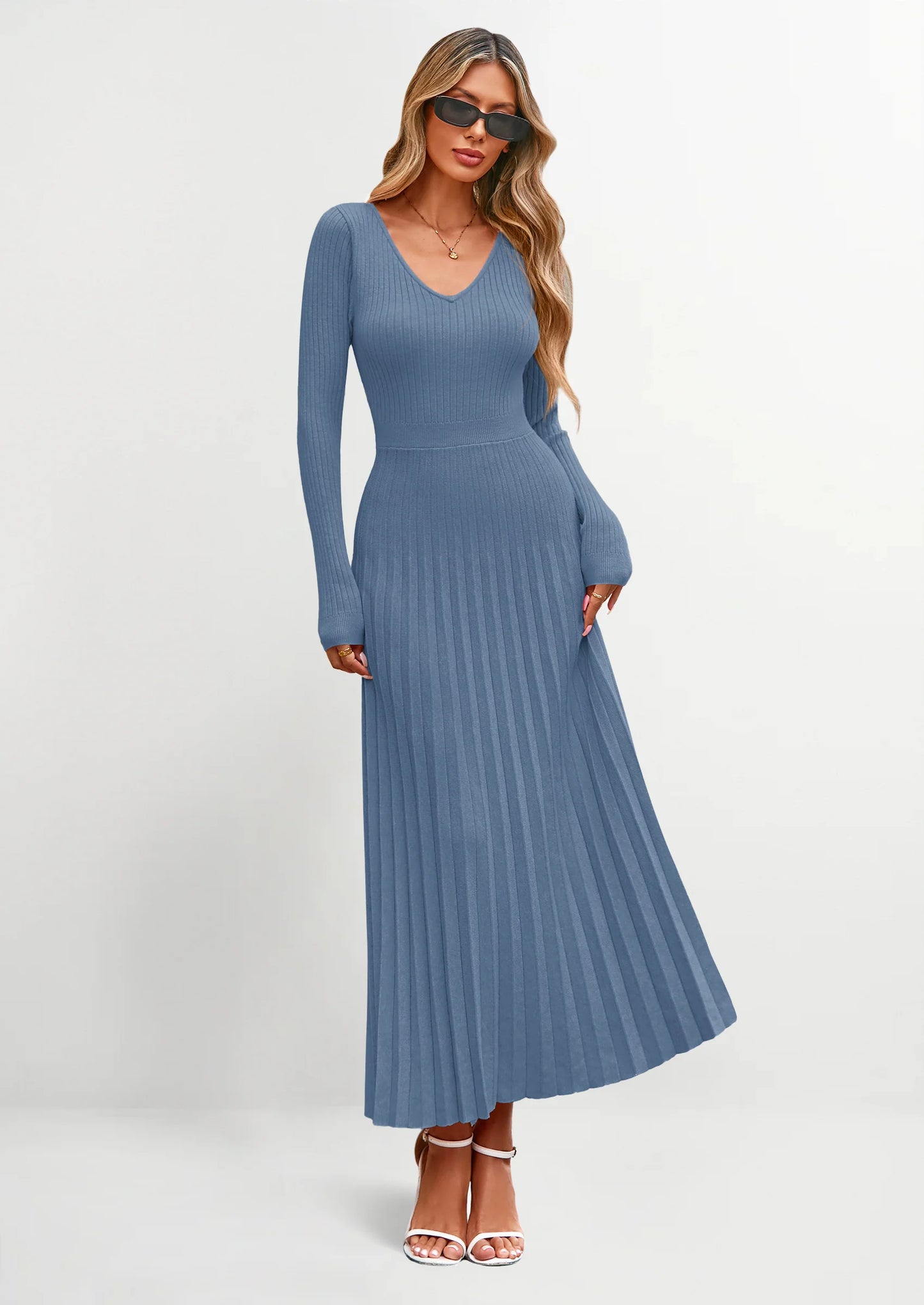 Women Sweater Dress Fall Fashion Long Sleeve V Neck Ribbed Knit Pleated A Line Elegant Maxi Winter Dresses