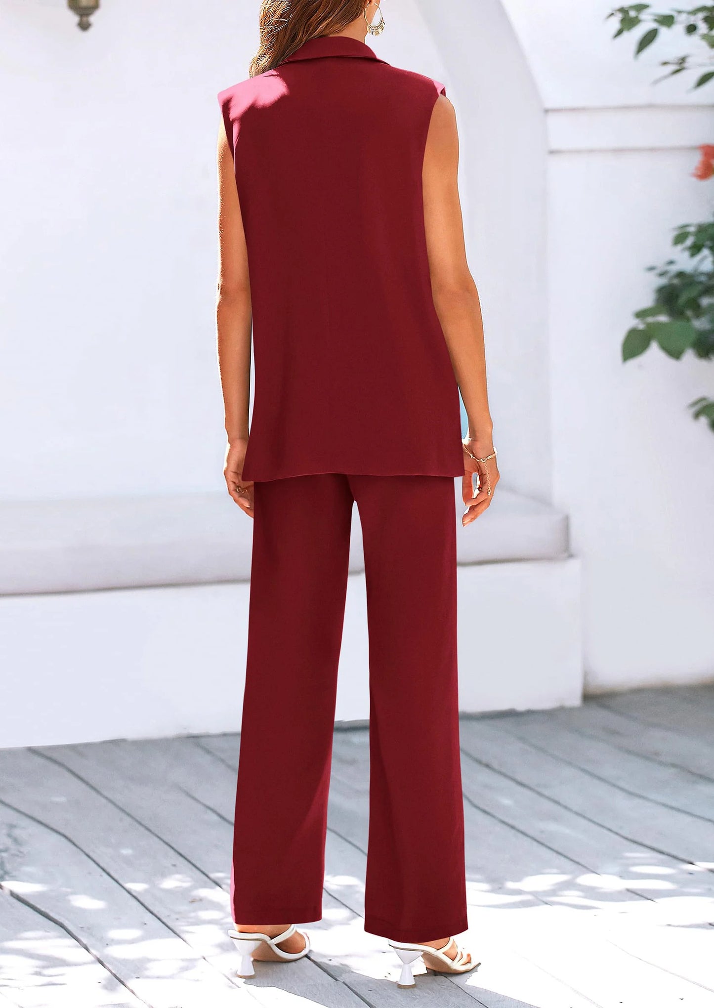 Women's 2 Piece Outfits Sleeveless Suit Vest and Wide Leg Pants Business Casual Blazer Sets