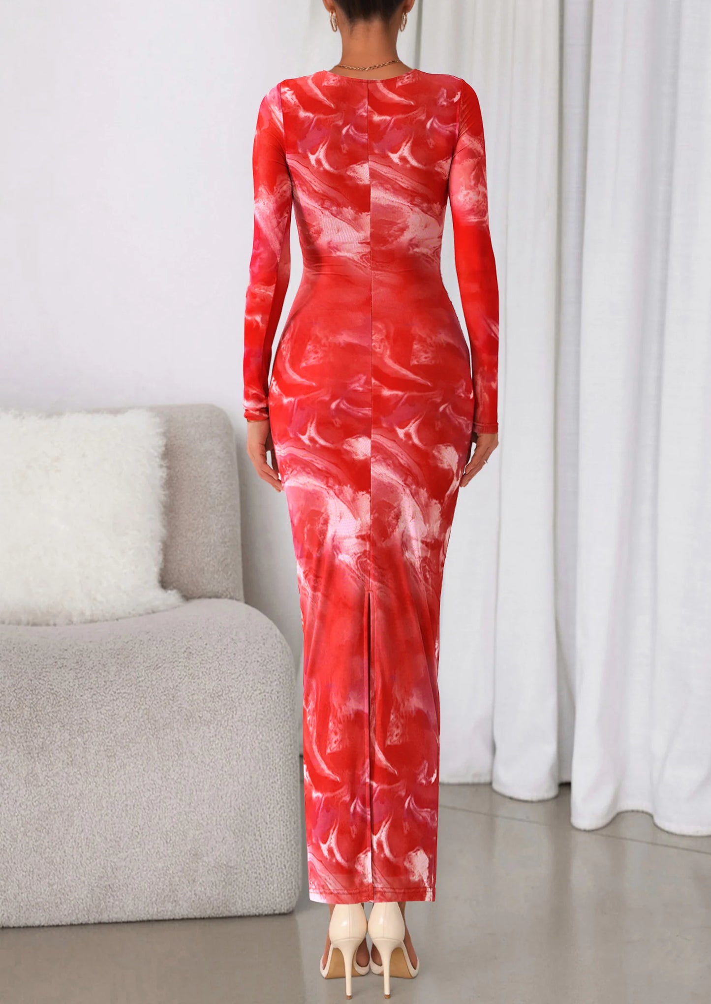Women's Fall Wedding Guest Dresses Long Sleeve Fitted Ruched Slit Bodycon Mesh Floral Party Maxi Dress