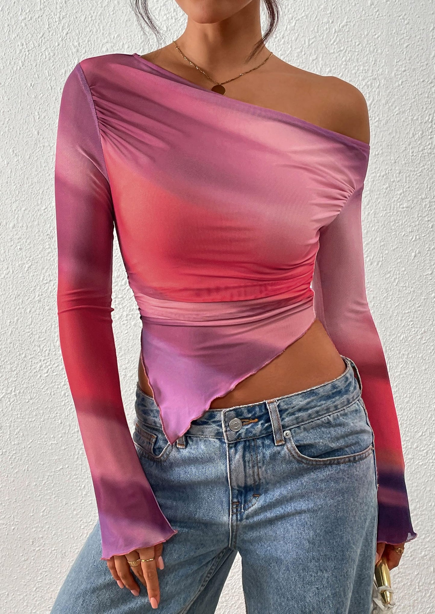 Womens Fall Trendy Off Shoulder Tops Tie Dye Mesh Long Sleeve Shirts Asymmetrical Ruched Floral Blouse