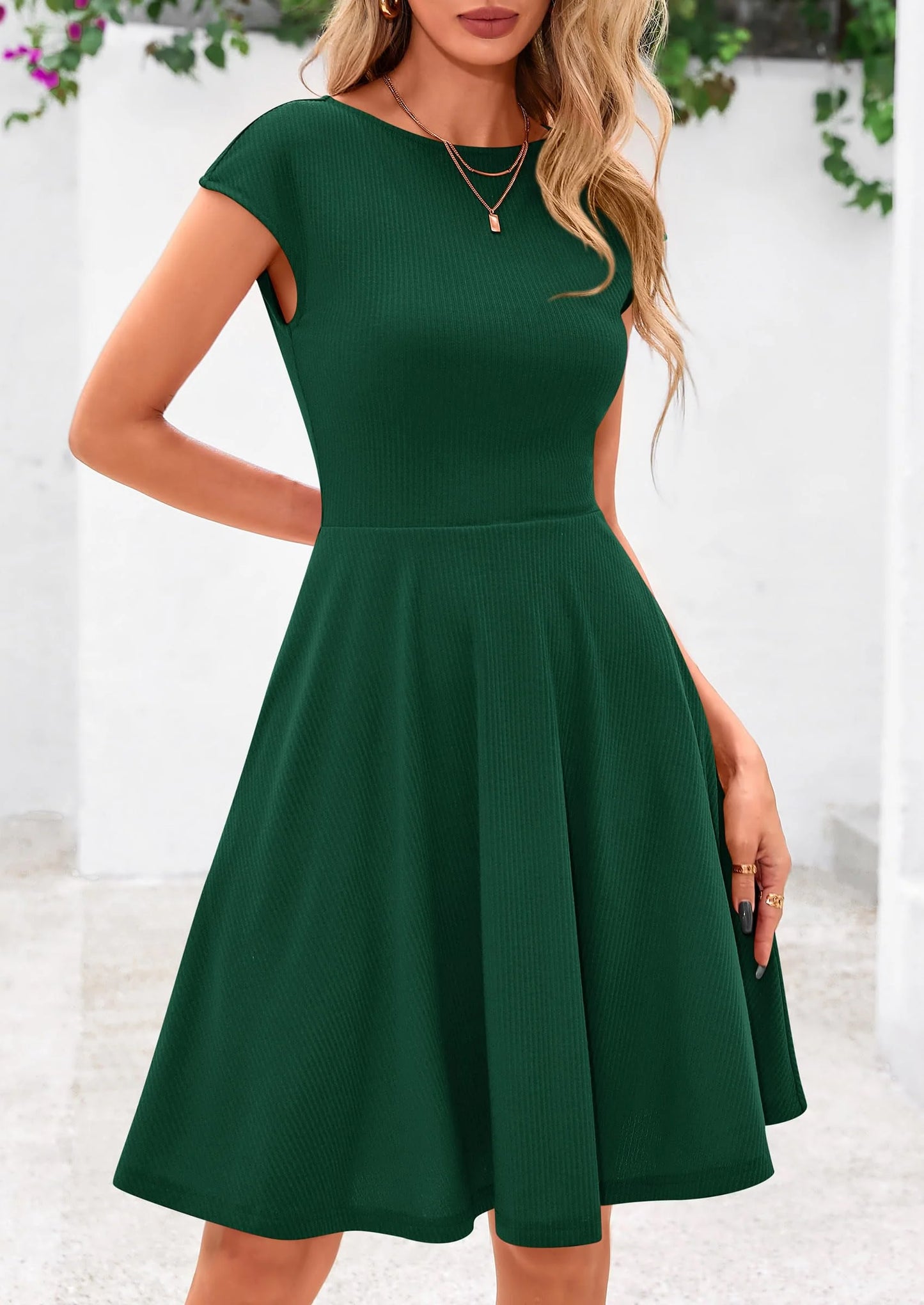 Womens Short Summer Dress Crewneck Cap Sleeve Ribbed Knit Casual Flowy A Line Mini Sundresses with Pockets