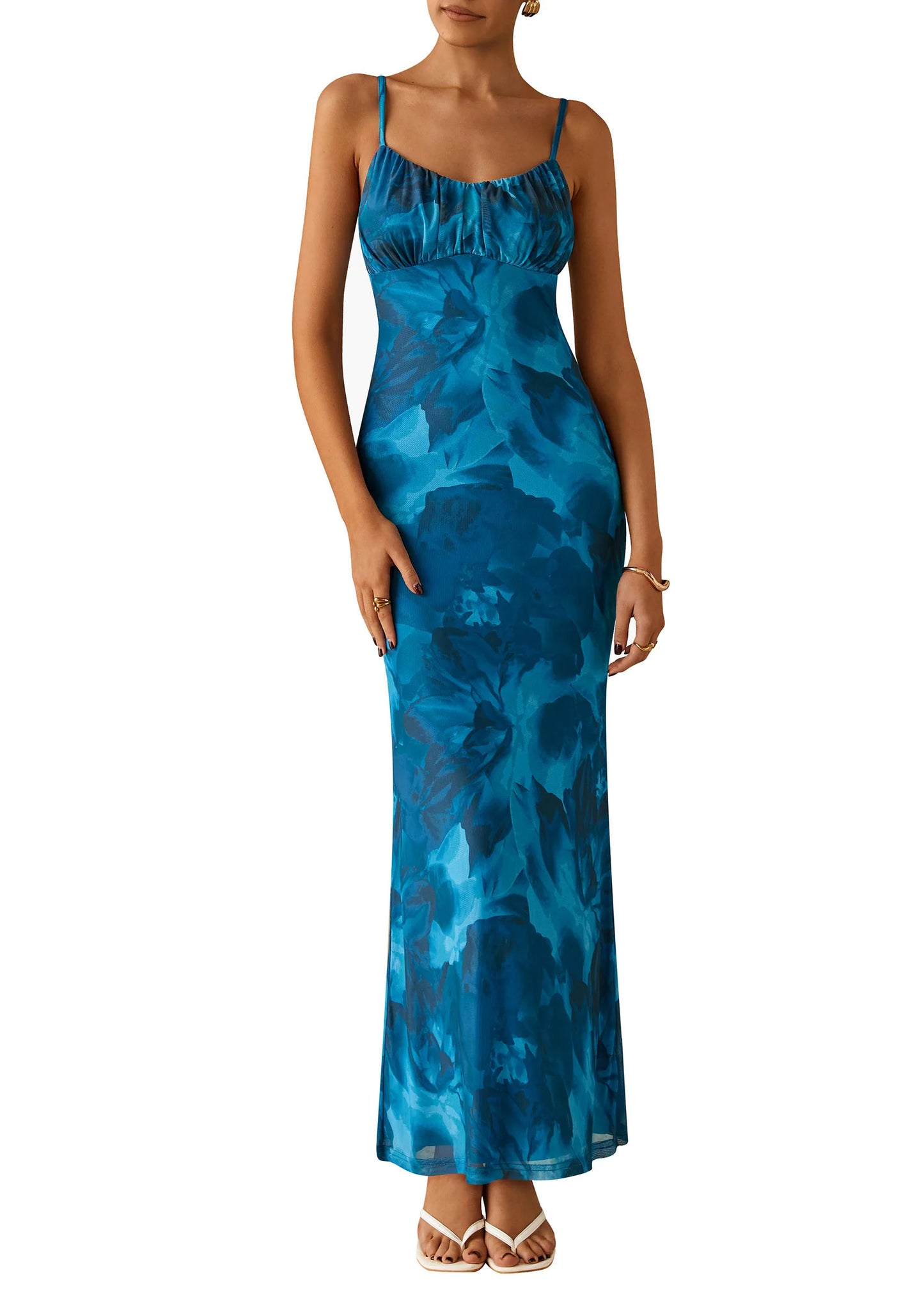 Women's Bodycon Maxi Dress Floral Sundress Sleeveless Spaghetti Strap Cocktail Party Dress