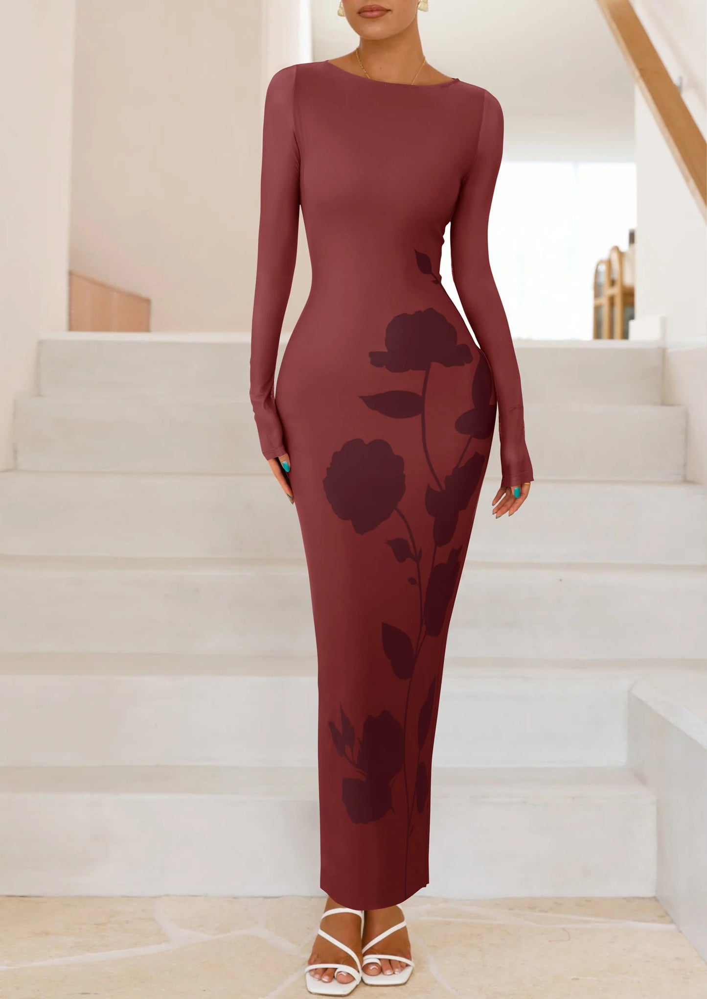 Bodycon Maxi Dress Fall Floral Long Sleeve Sexy Mesh Cocktail Wedding Guest Long Dresses