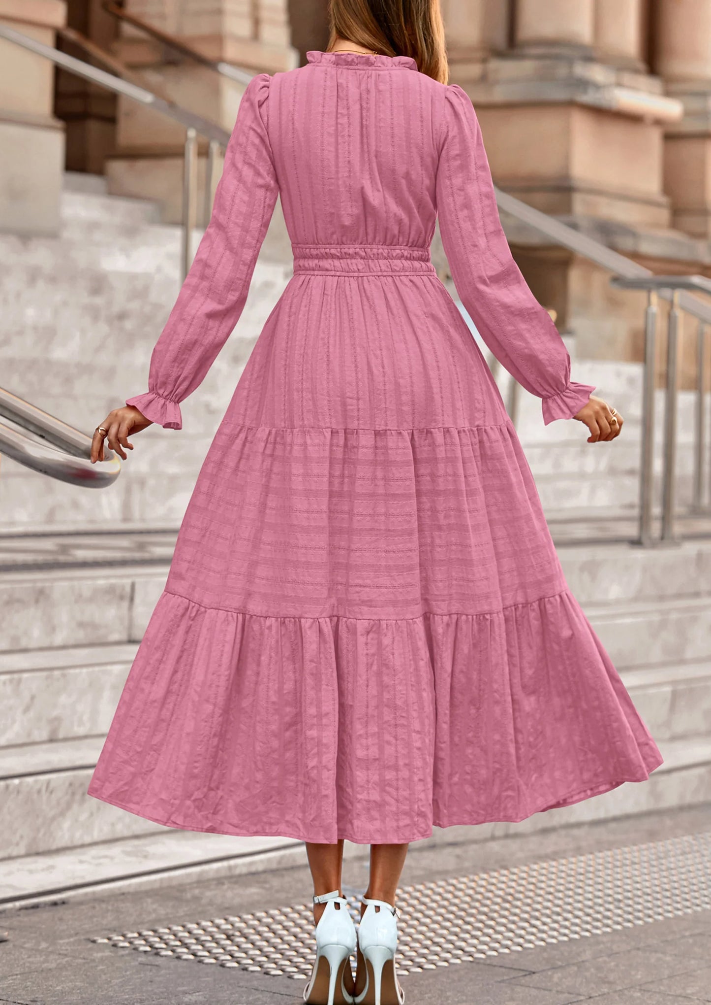 Women's Fall Wedding Guest Dresses Long Sleeve V Neck Flowy Elegant Holiday Party Maxi Dress with Pockets