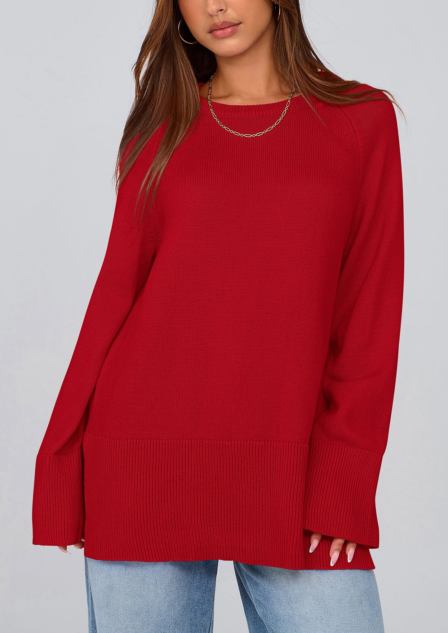 Women's Knit Fall Sweaters Long Sleeve Pullover Crewneck Split Hem Oversized Tunic Sweater Tops Winter Clothing