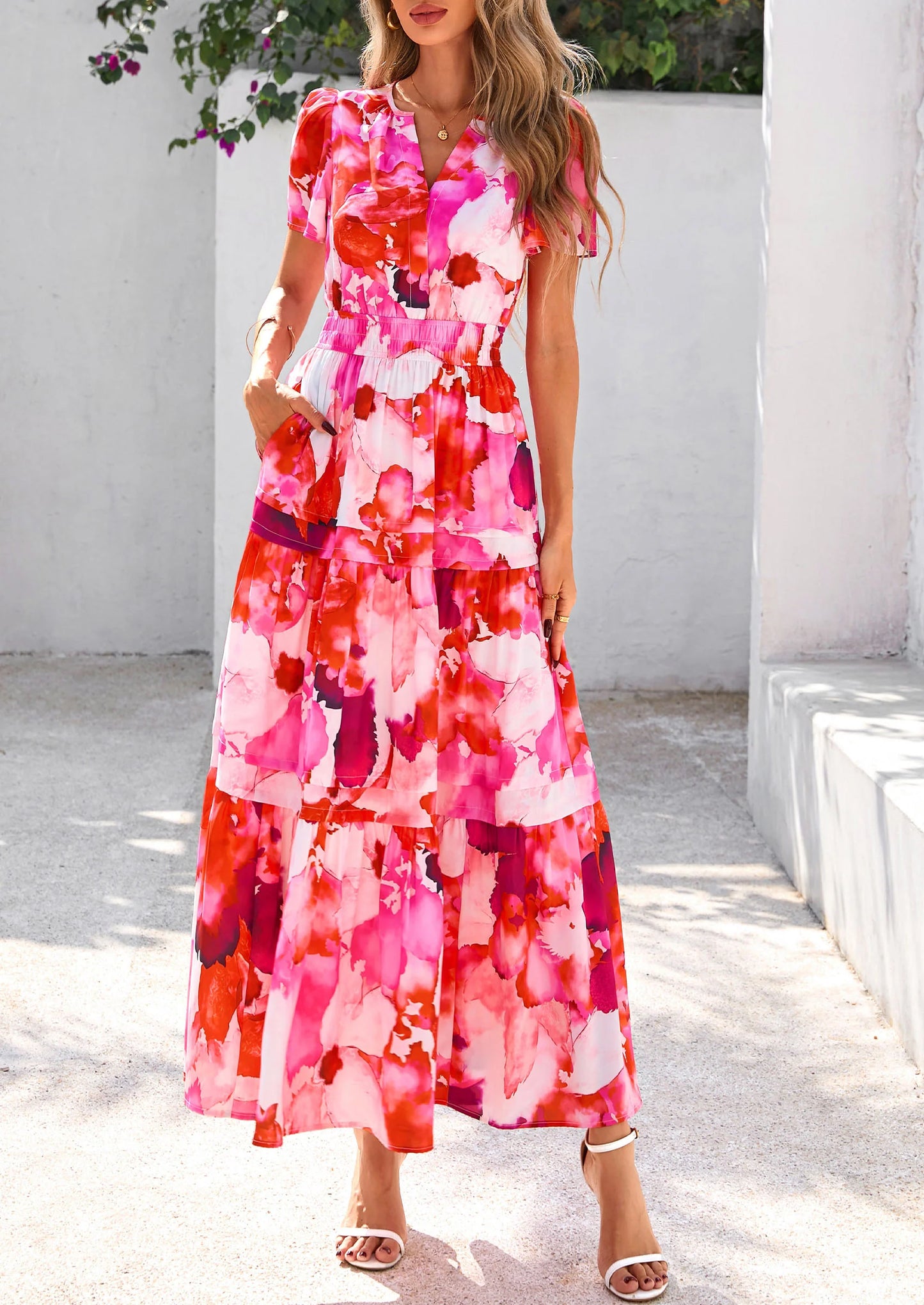 Women's Boho Maxi Dresses Floral Short Sleeve V Neck A Line Tiered Flowy Long Beach Vacation Dress