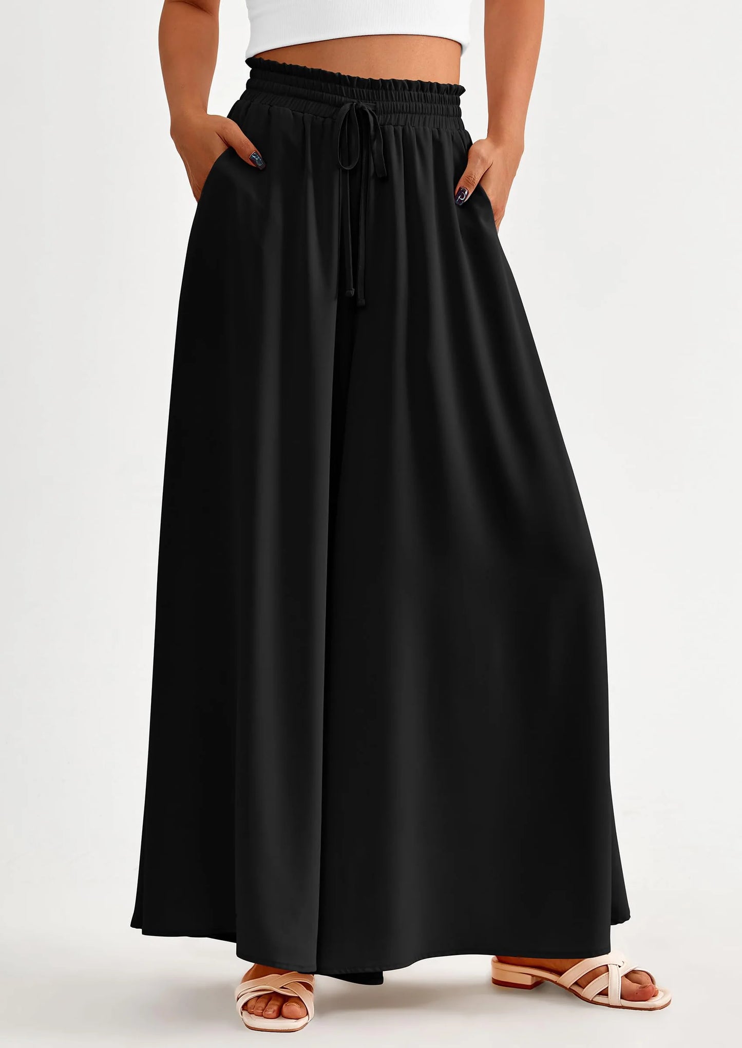 Women's Summer Wide Leg Palazzo Pants High Waisted Flowy Pockets Trendy Casual Lounge Boho Beach Trousers