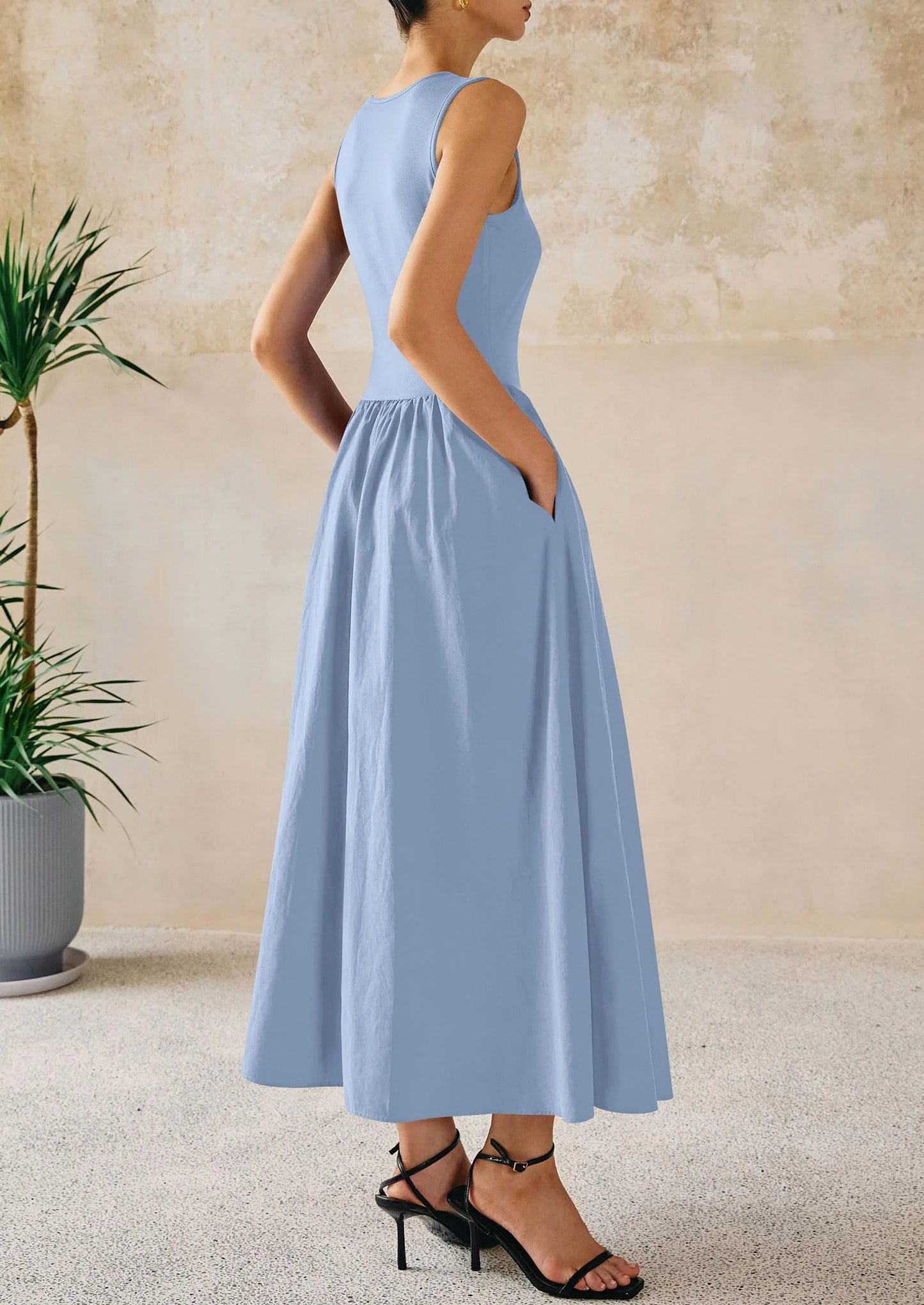 Women Maxi Dresses Casual Sleeveless Patchwork Knit Tank Dress Flowy Beach Sundress Long Dress