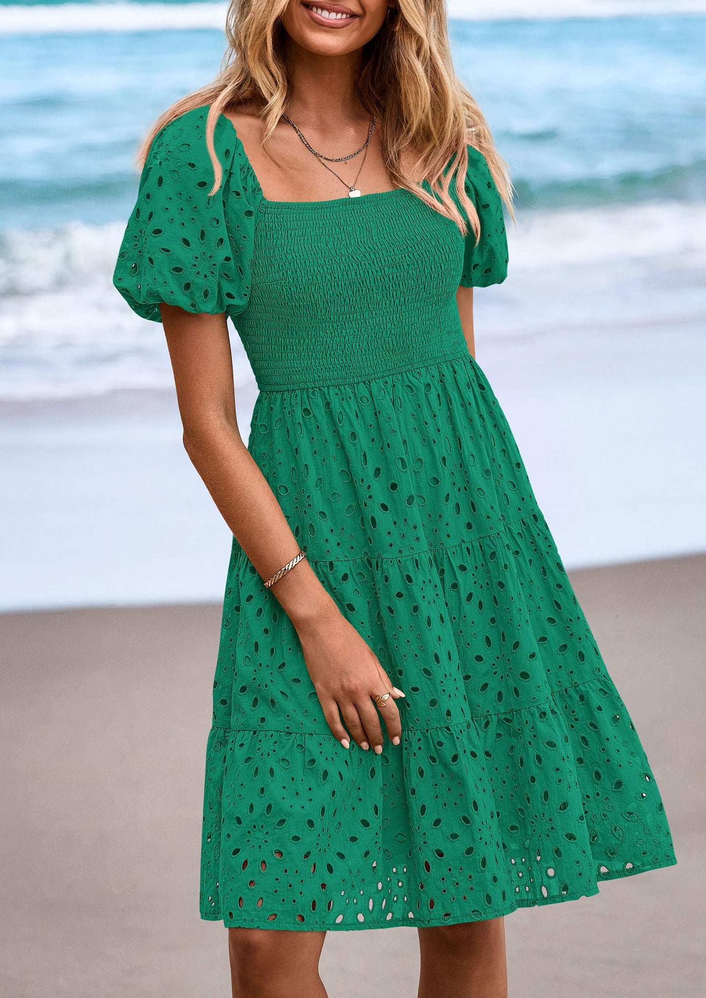 Womens Summer Puff Sleeve Mini Dress Off Shoulder Eyelet Smocked A Line Casual Babydoll Short Dresses