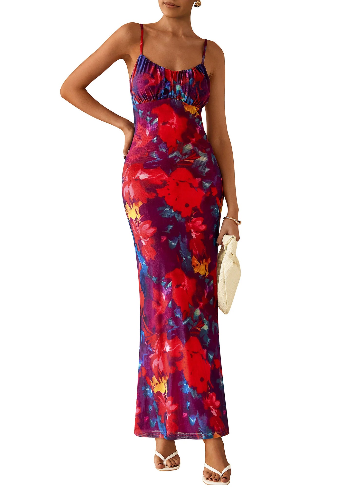 Women's Bodycon Maxi Dress Floral Sundress Sleeveless Spaghetti Strap Cocktail Party Dress