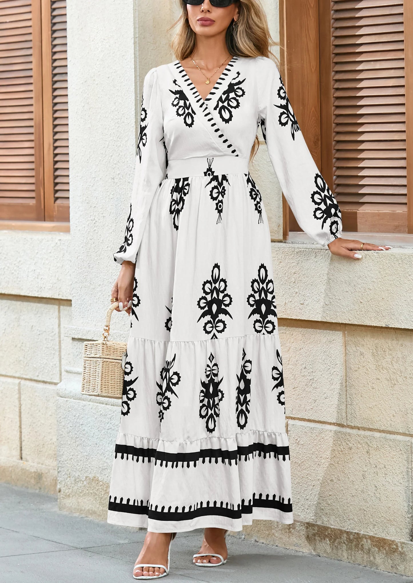 Women's Fall Wedding Guest Dresses Boho Floral Long Sleeve V Neck Flowy Elegant Maxi Dress Beach Clothes