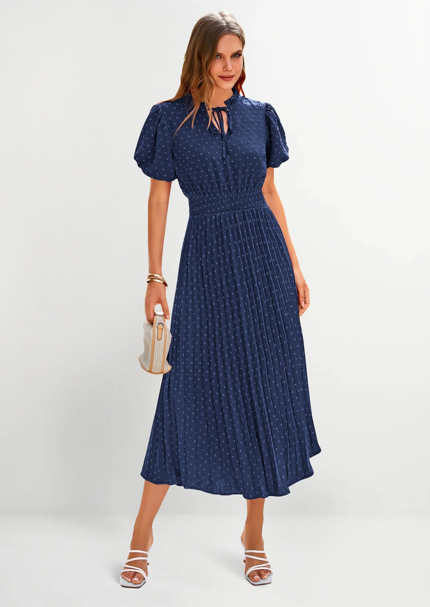 Womens Midi Dresses Puff Short Sleeve V Neck Swiss Dot Pleated A Line Flowy Long Wedding Guest Dress