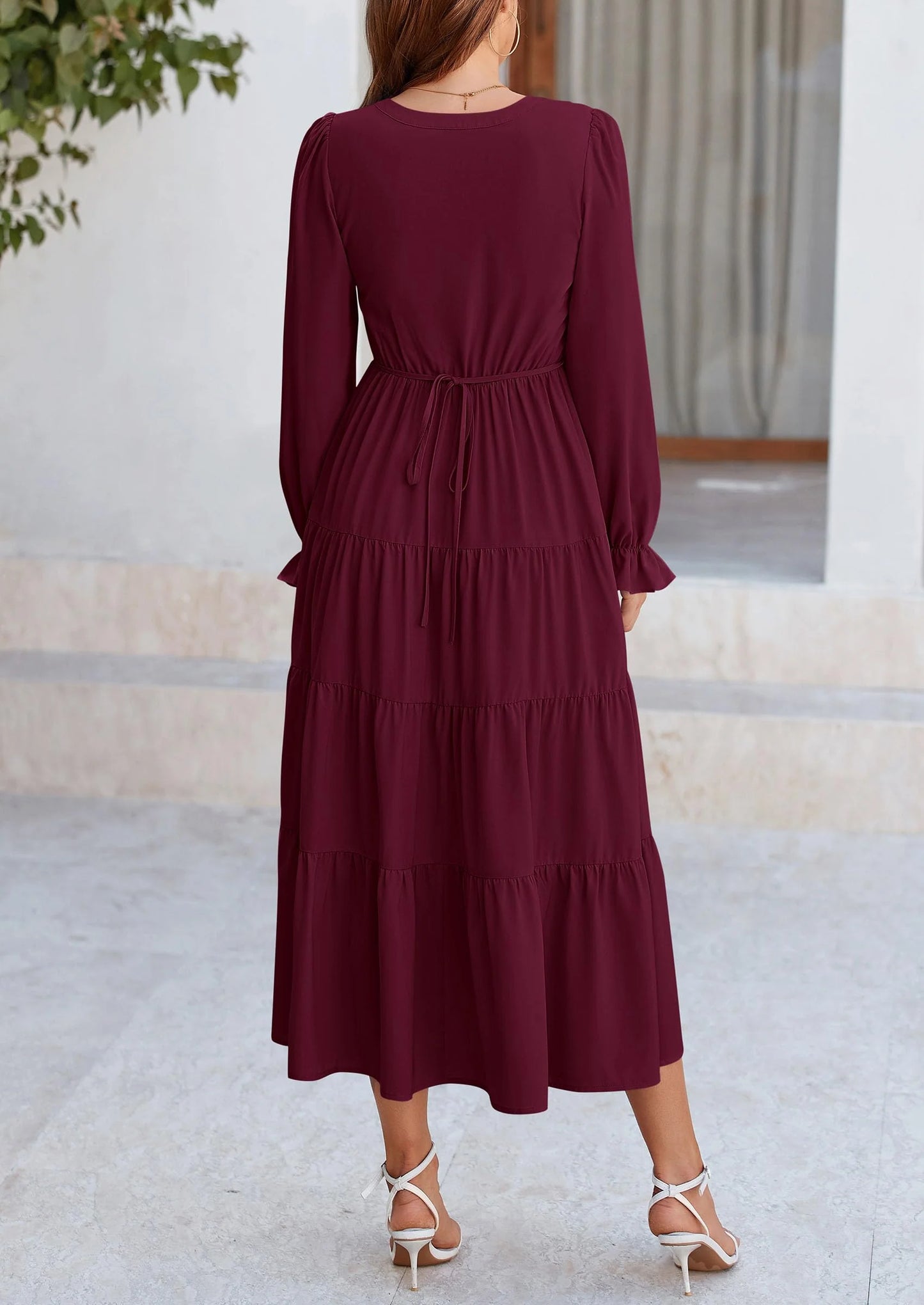 Women Fall Long Sleeve Smocked Maxi Dress Casual Square Neck Swiss Dot Tiered Ruffle Flowy Spring Pocket Dresses