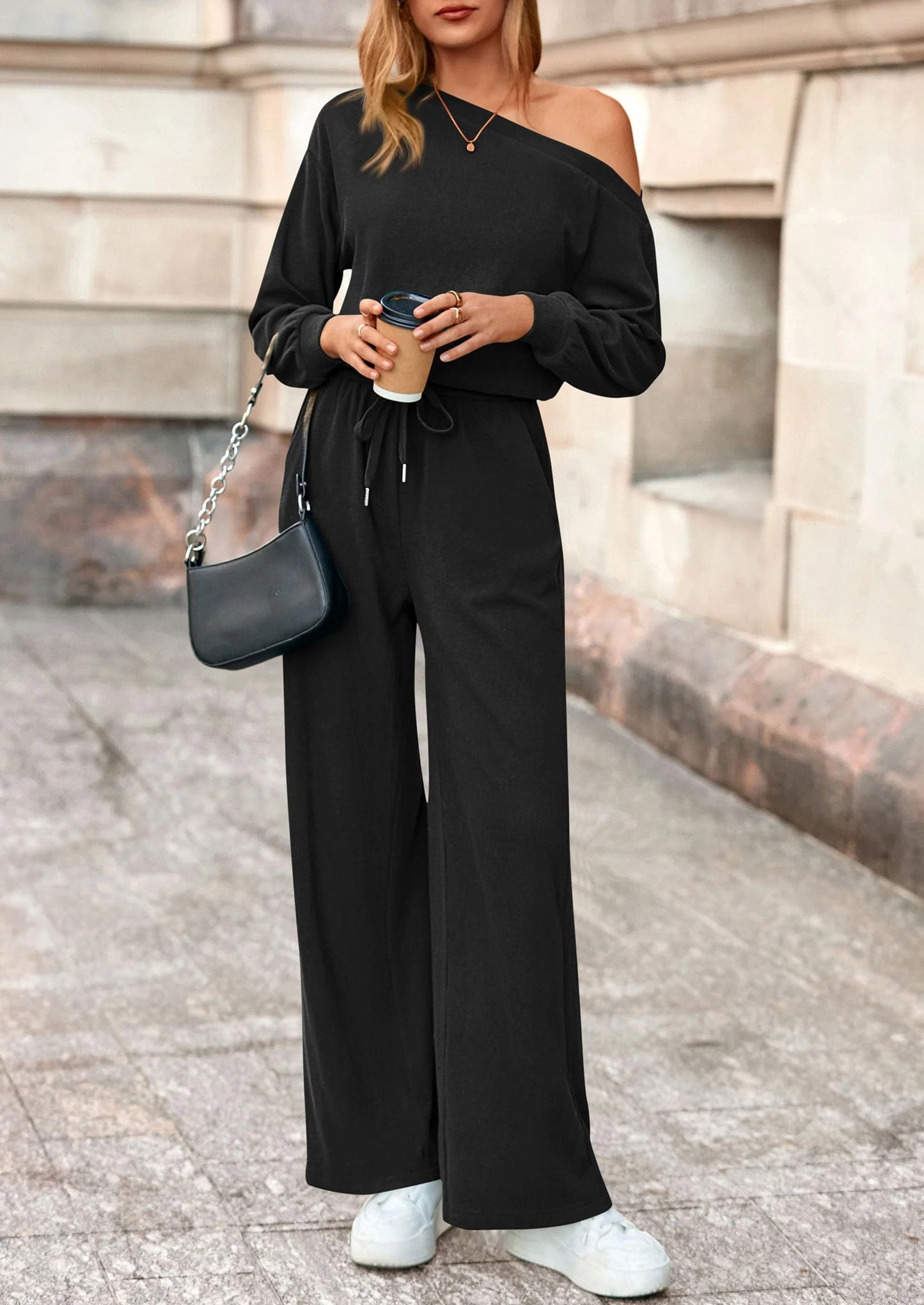 Long Sleeve Jumpsuit For Women Dressy Off Shoulder One Piece Loose Wide Leg Jumpsuits Casual Flowy Romper