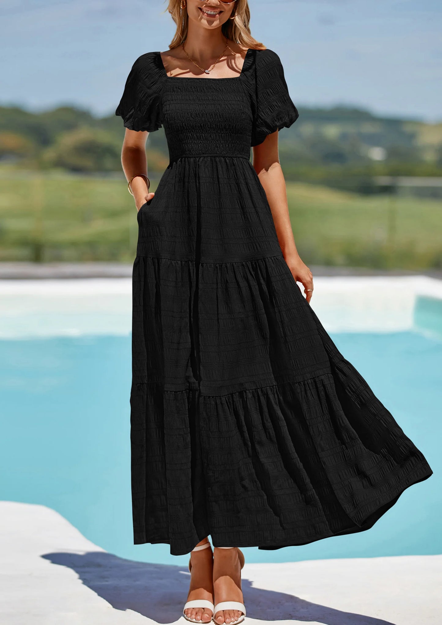 Womens Summer Puff Short Sleeve Maxi Dress Square Neck Smocked Tiered Ruffle A Line Long Flowy Beach Dresses