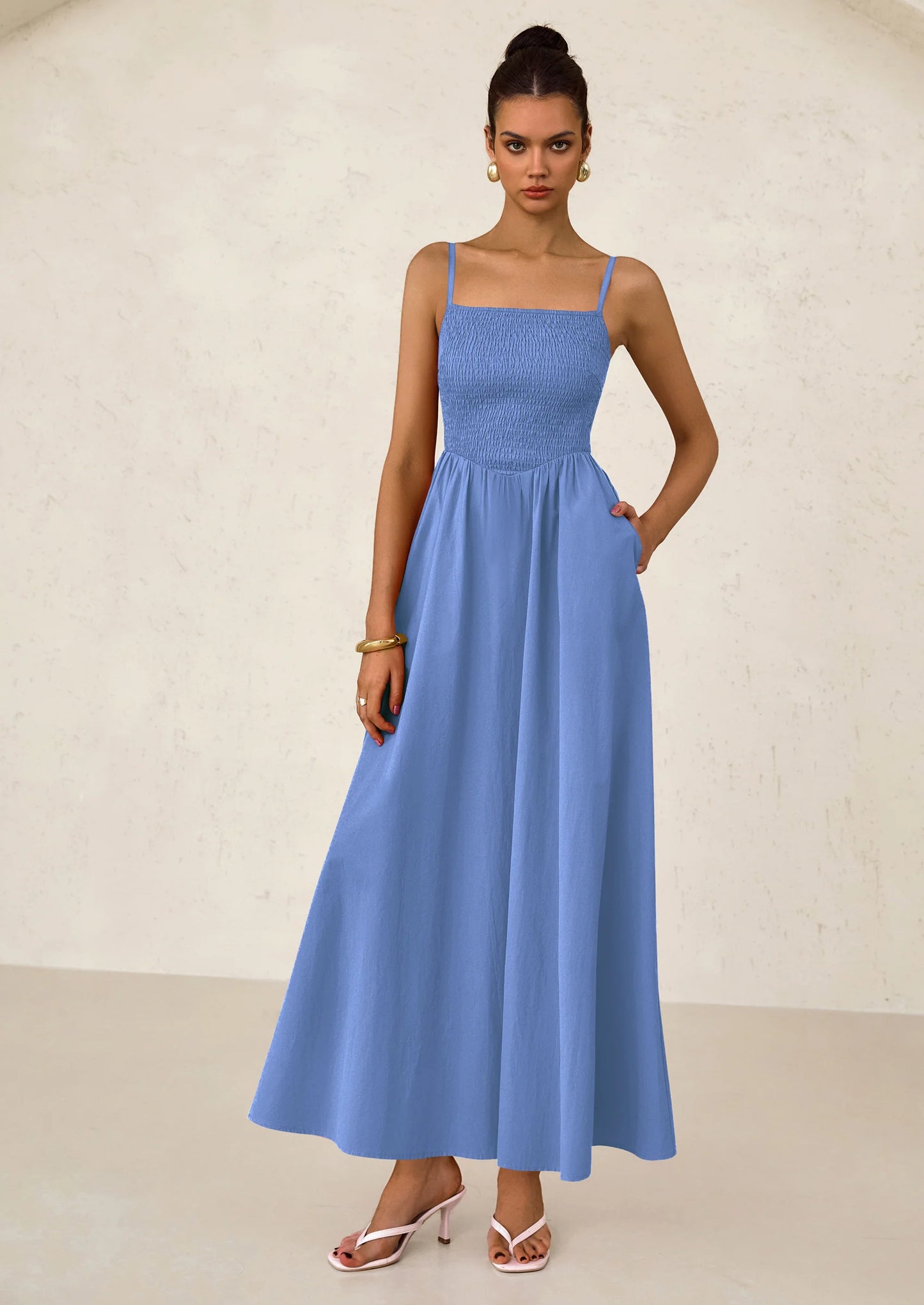 Women's Smocked Maxi Dresses Beach Sundress Casual Spaghetti Strap Swing A Line Long Flowy Dress