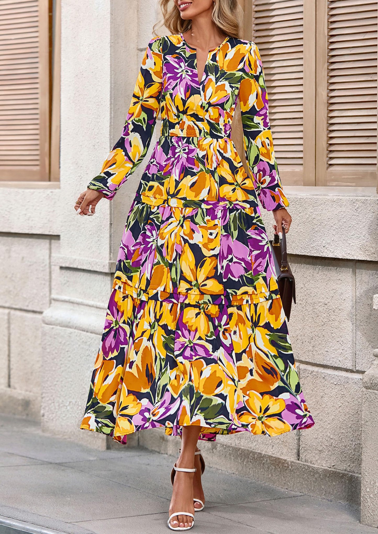 Women's Fall Boho Maxi Dresses Floral Long Sleeve V Neck Flowy Elegant Wedding Guest Dress Vacation Outfits