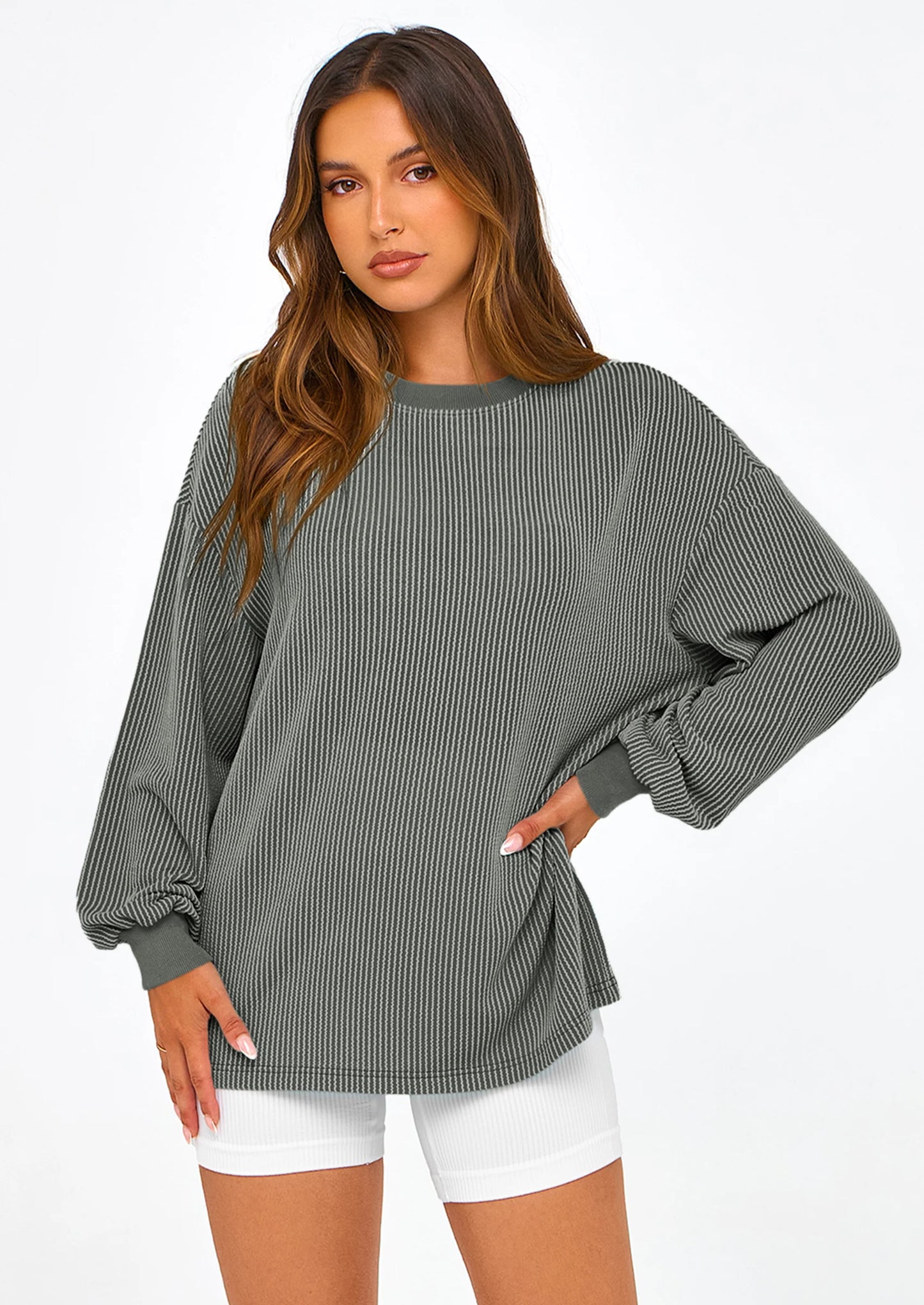 Women's Long Sleeve Tee Shirts Spring Fall Trendy Clothes Casual Loose Crewneck Ribbed Blouse Tunic Tops
