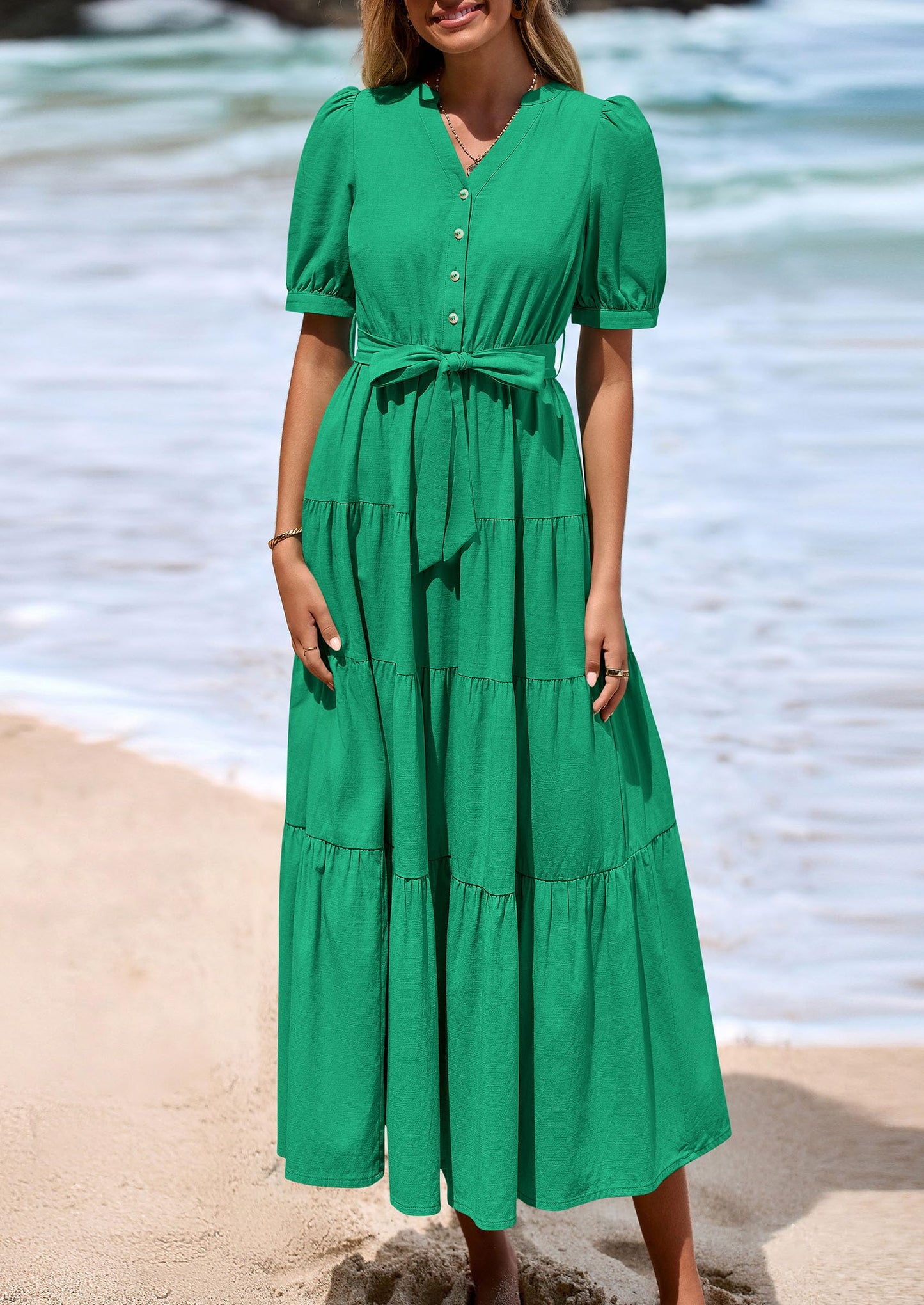 Women's Midi Dress Casual Short Sleeve V Neck Buttons Belted Ruffle A Line Flowy Dress with Pockets