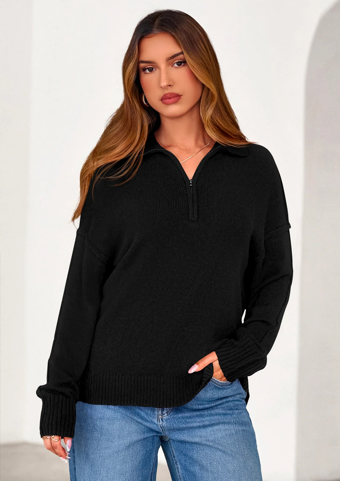 Womens Sweaters Quarter Zip Pullover Early Fall Fashion Long Sleeve V Neck Collared Knit Winter Jumper Tops