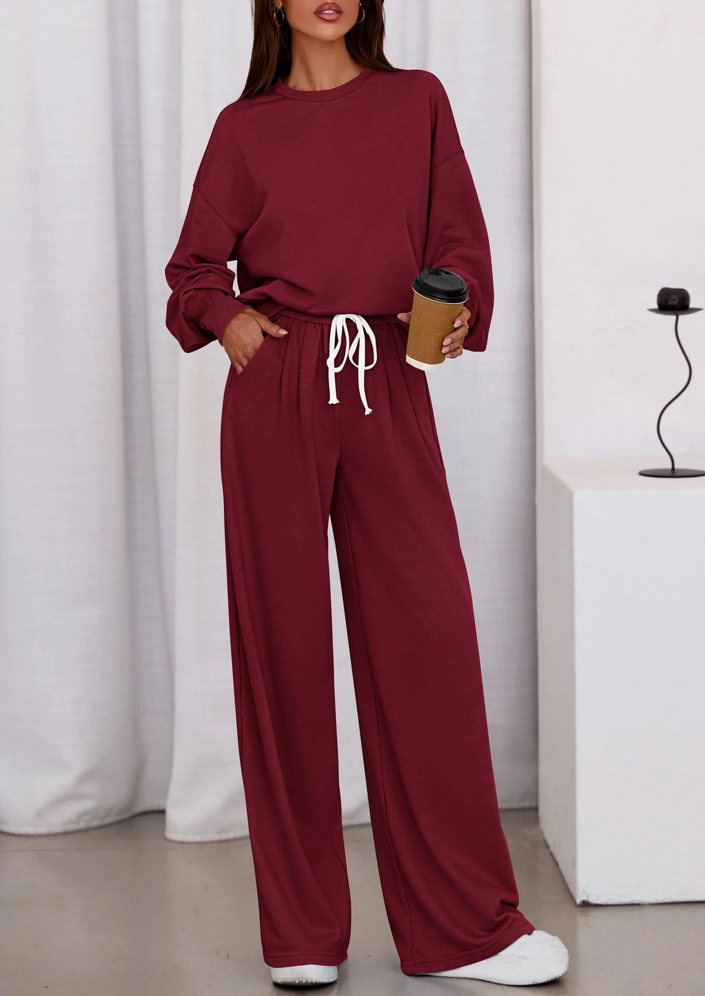 Womens 2 Piece Sets Long Sleeve Sweatshirt Wide Leg Pants Loose Matching Lounge Set Trendy Fall Outfits
