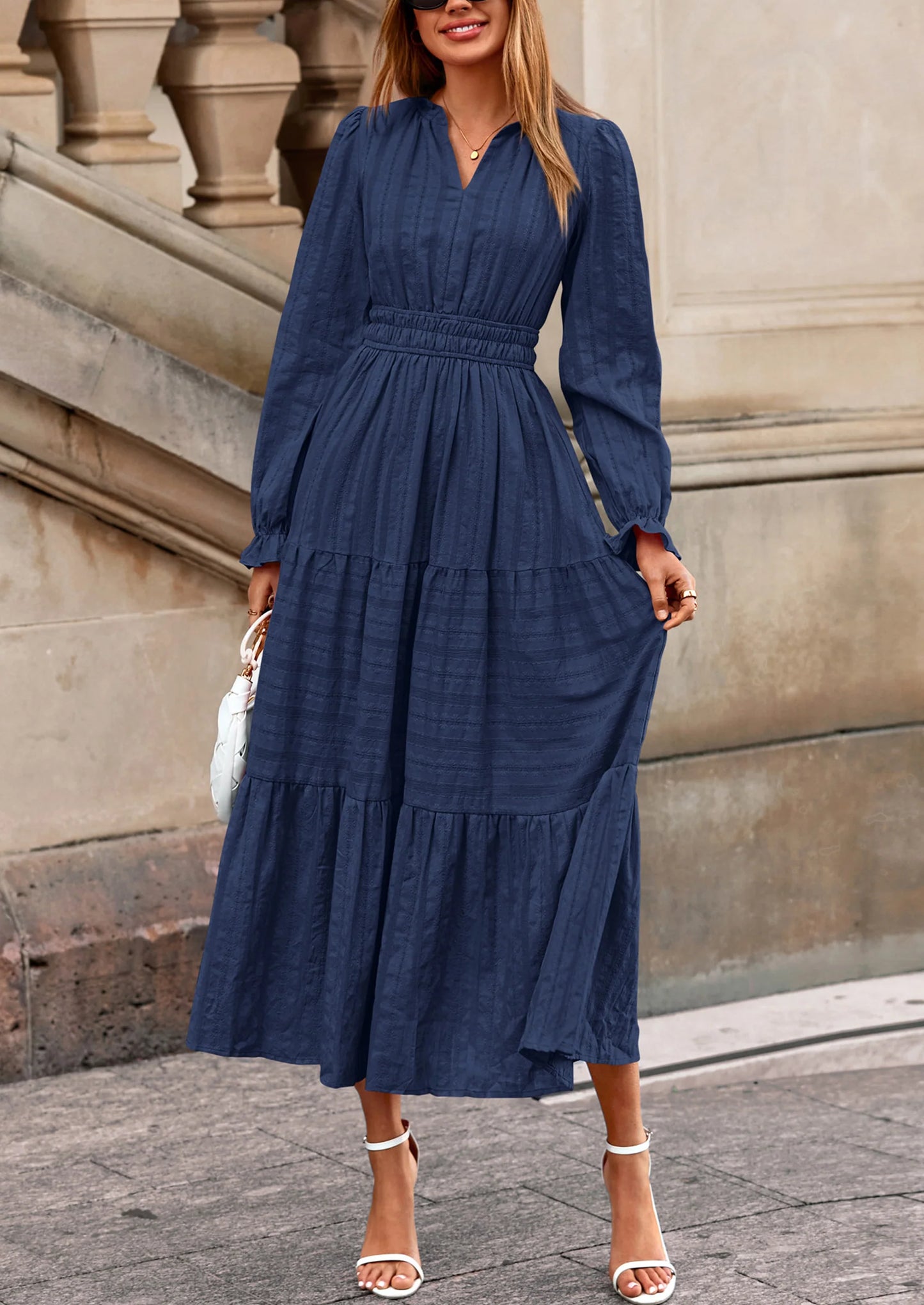 Women's Fall Wedding Guest Dresses Long Sleeve V Neck Flowy Elegant Holiday Party Maxi Dress with Pockets