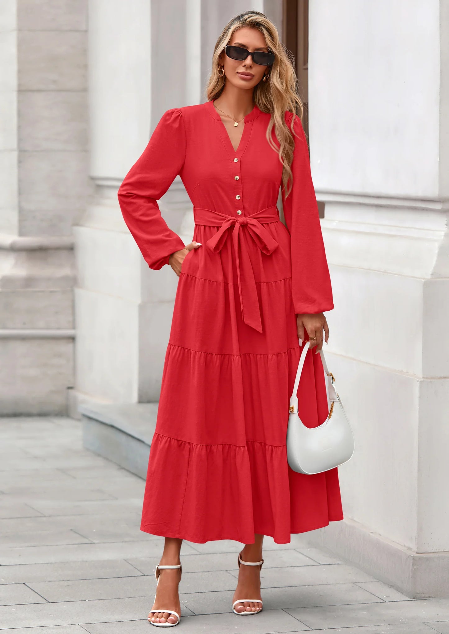 Fall Dresses for Women Long Sleeve V Neck Belted Ruffle A Line Flowy Boho Maxi Wedding Guest Dress Pockets