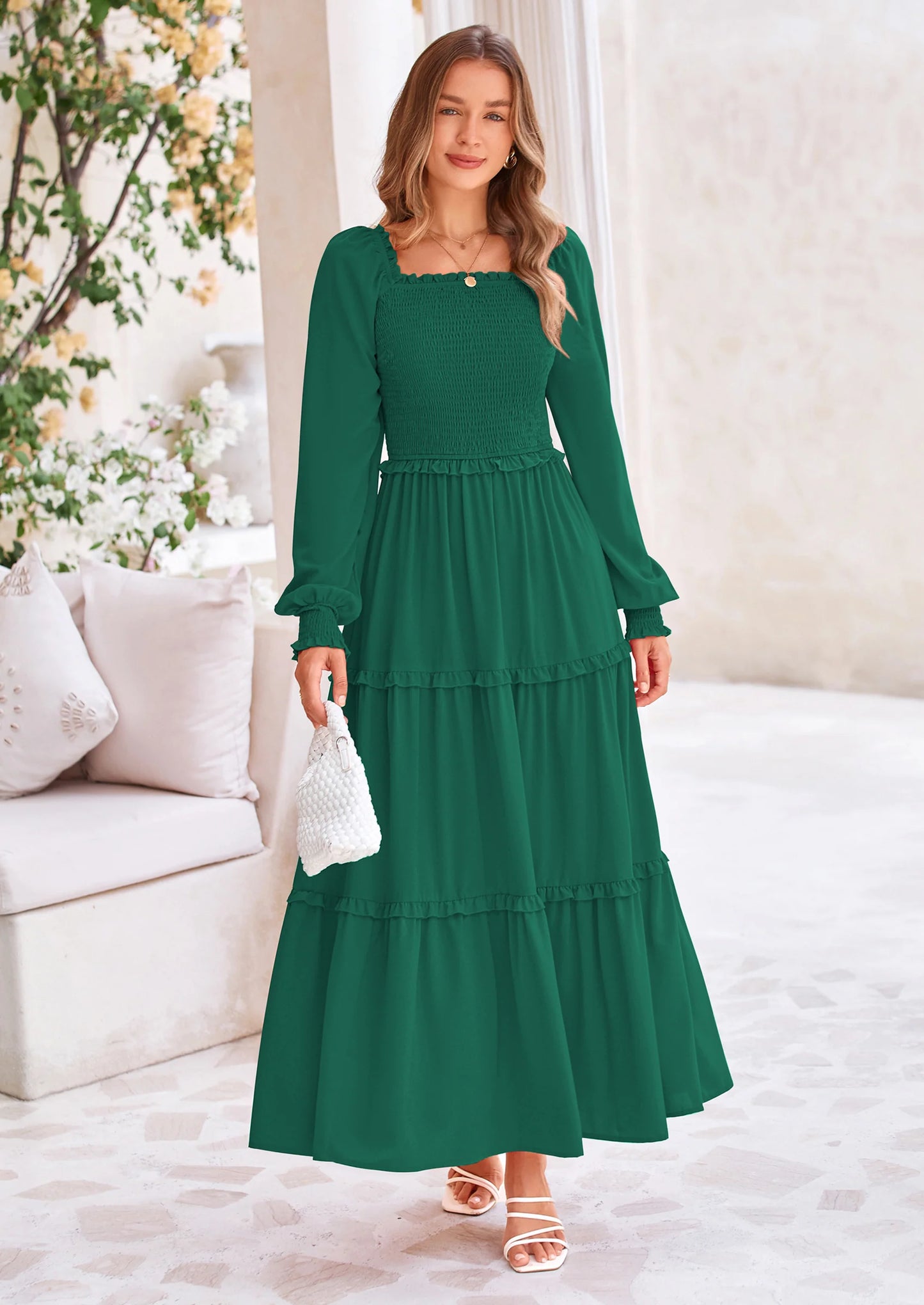 Fall Wedding Guest Dresses for Women Long Sleeve Square Neck Tiered A Line Modest Elegant Flowy Dresses