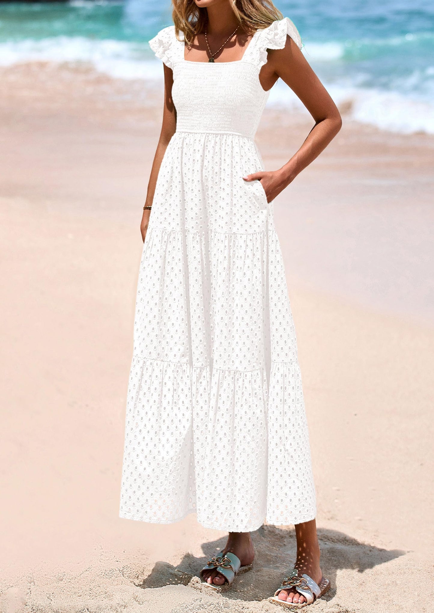 Womens Square Neck Maxi Dresses Cap Sleeve Eyelet Smocked Tiered A Line Flowy Long Dress with Pockets