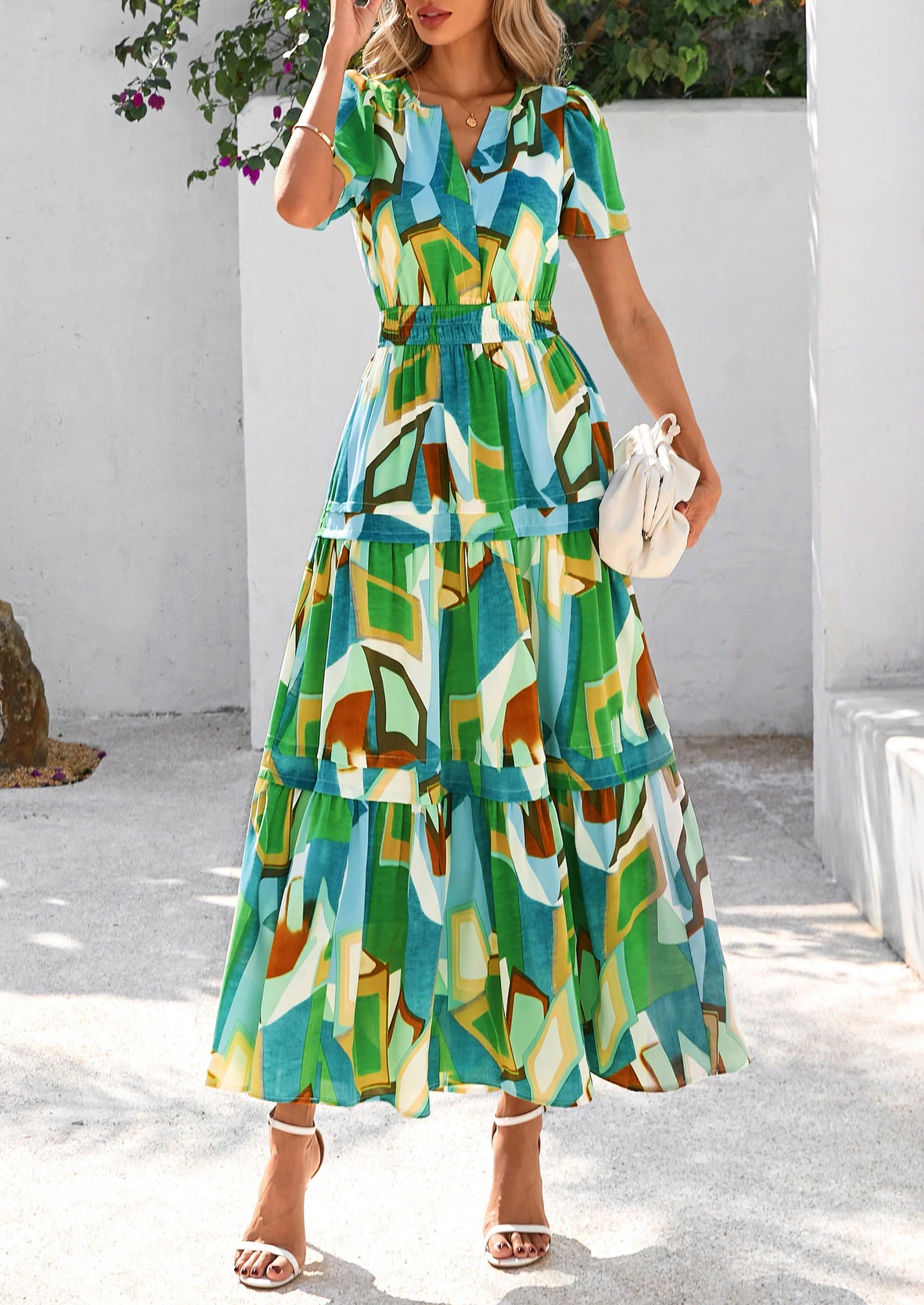 Women's Boho Maxi Dresses Floral Short Sleeve V Neck A Line Tiered Flowy Long Beach Vacation Dress