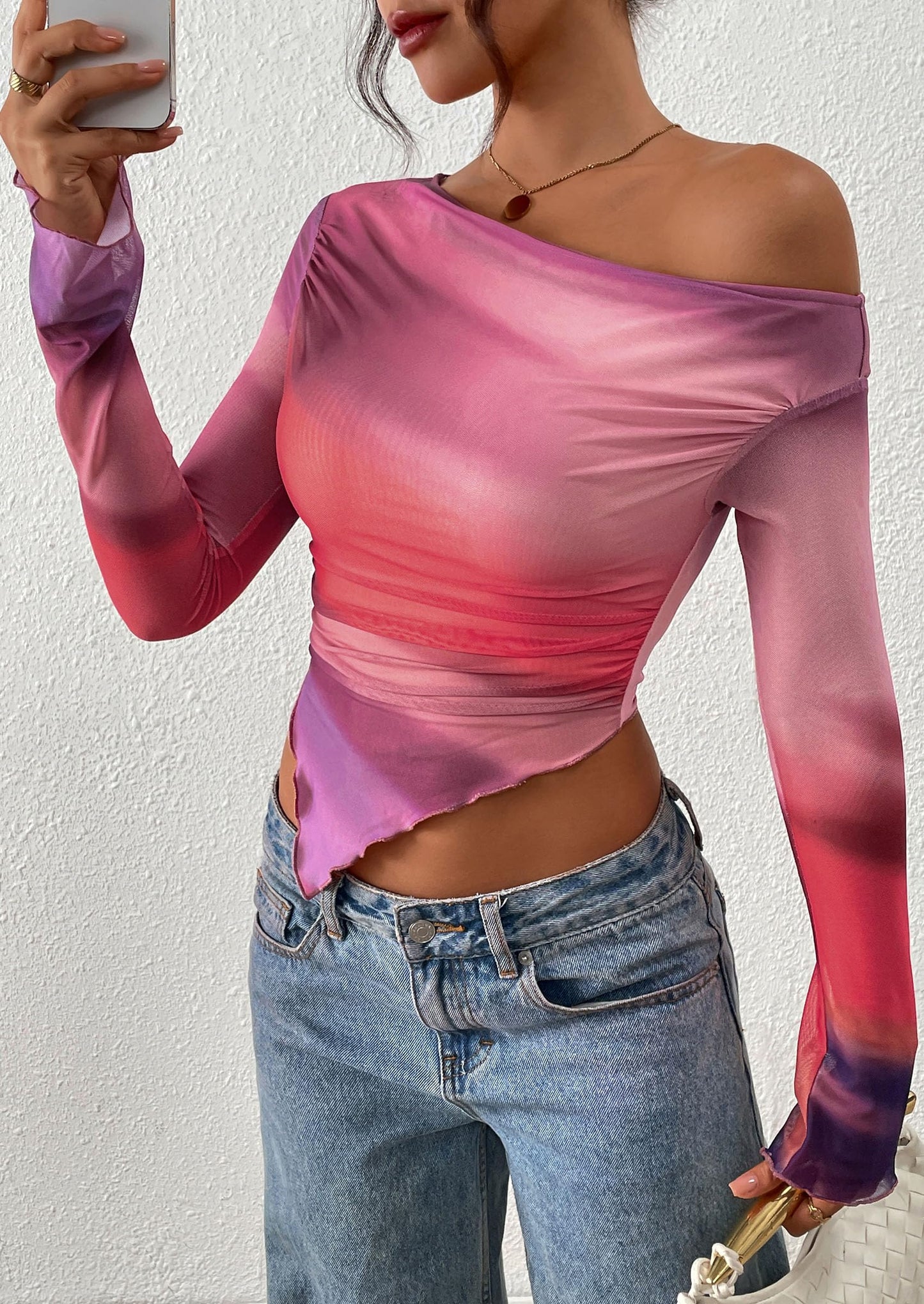 Womens Fall Trendy Off Shoulder Tops Tie Dye Mesh Long Sleeve Shirts Asymmetrical Ruched Floral Blouse