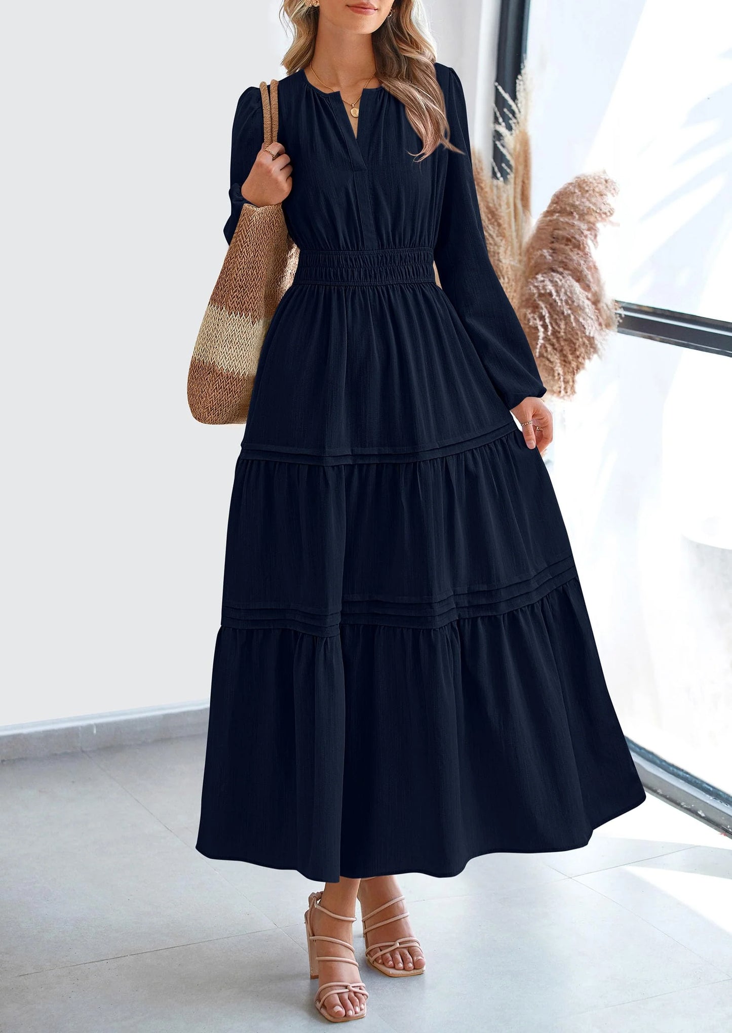 Women's Elegant Maxi Dresses Long Sleeve V Neck Flowy Pockets Casual Modest Dress Fall Fashion Clothes