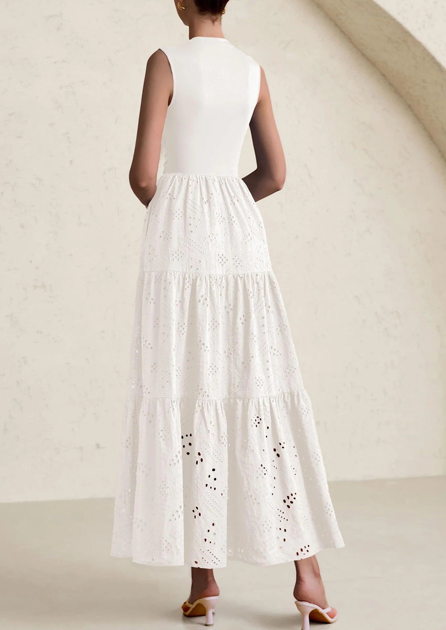Dresses for Women Casual Eyelet Sleeveless Wedding Guest Maxi Dress Tank Top Sundress with Pockets