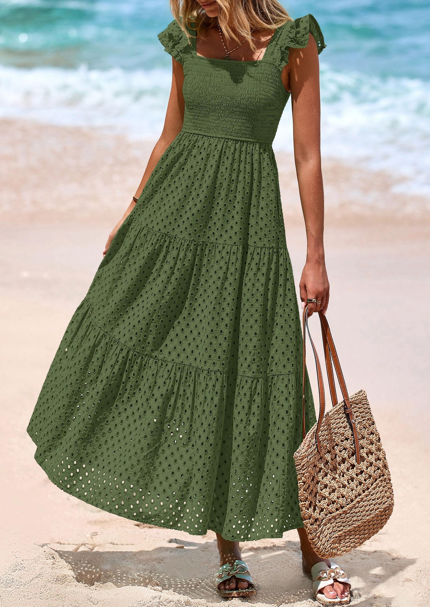 Womens Square Neck Maxi Dresses Cap Sleeve Eyelet Smocked Tiered A Line Flowy Long Dress with Pockets